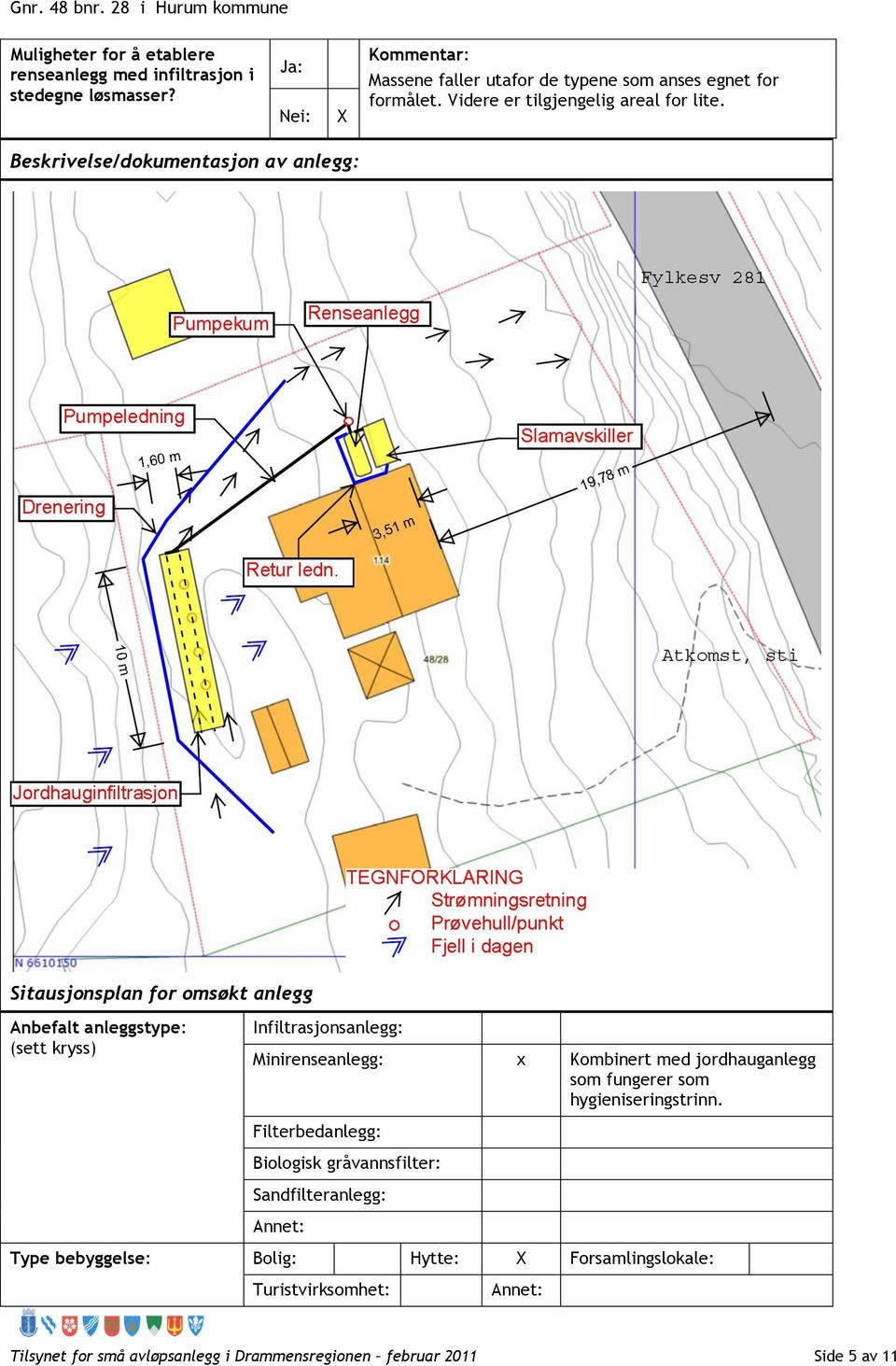 Beskrivelse/dokumentasjon av anlegg: Sitausjonsplan for omsøkt anlegg Anbefalt anleggstype: (sett kryss) Infiltrasjonsanlegg: Minirenseanlegg: x Kombinert med