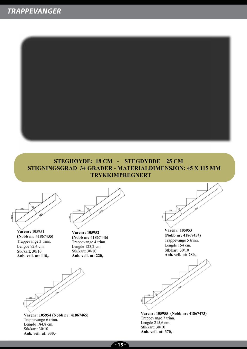 Lengde 154 cm. Stk/kart: 30/10 Anb. veil. ut: 280,- Varenr: 105954 (Nobb nr: 41867465) Trappevange 6 trinn. Lengde 184,8 cm. Stk/kart: 30/10 Anb. veil. ut: 330,- Varenr: 105955 (Nobb nr: 41867473) Trappevange 7 trinn.