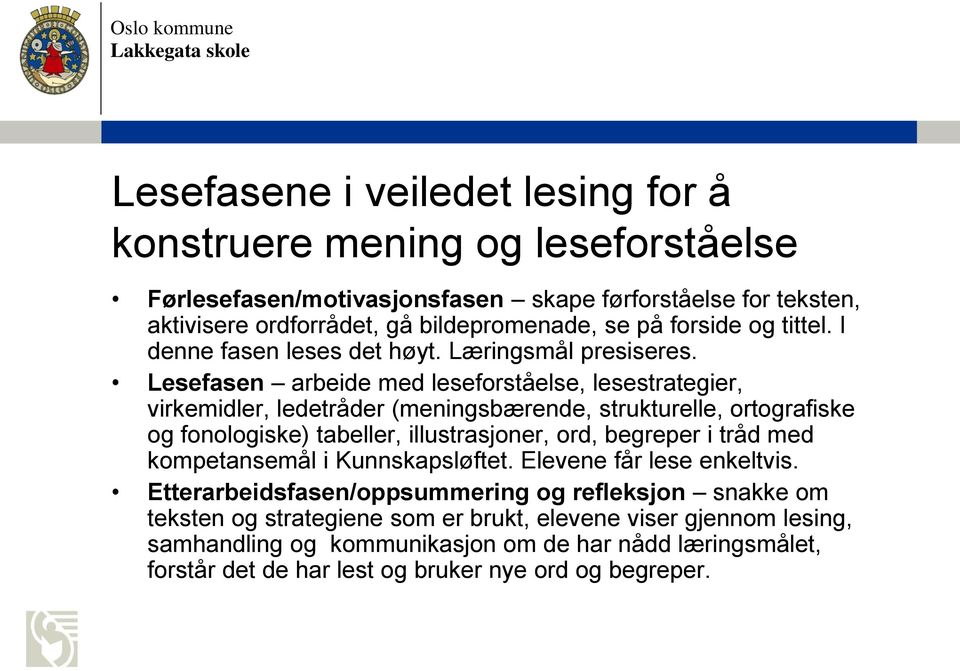 Lesefasen arbeide med leseforståelse, lesestrategier, virkemidler, ledetråder (meningsbærende, strukturelle, ortografiske og fonologiske) tabeller, illustrasjoner, ord, begreper i tråd