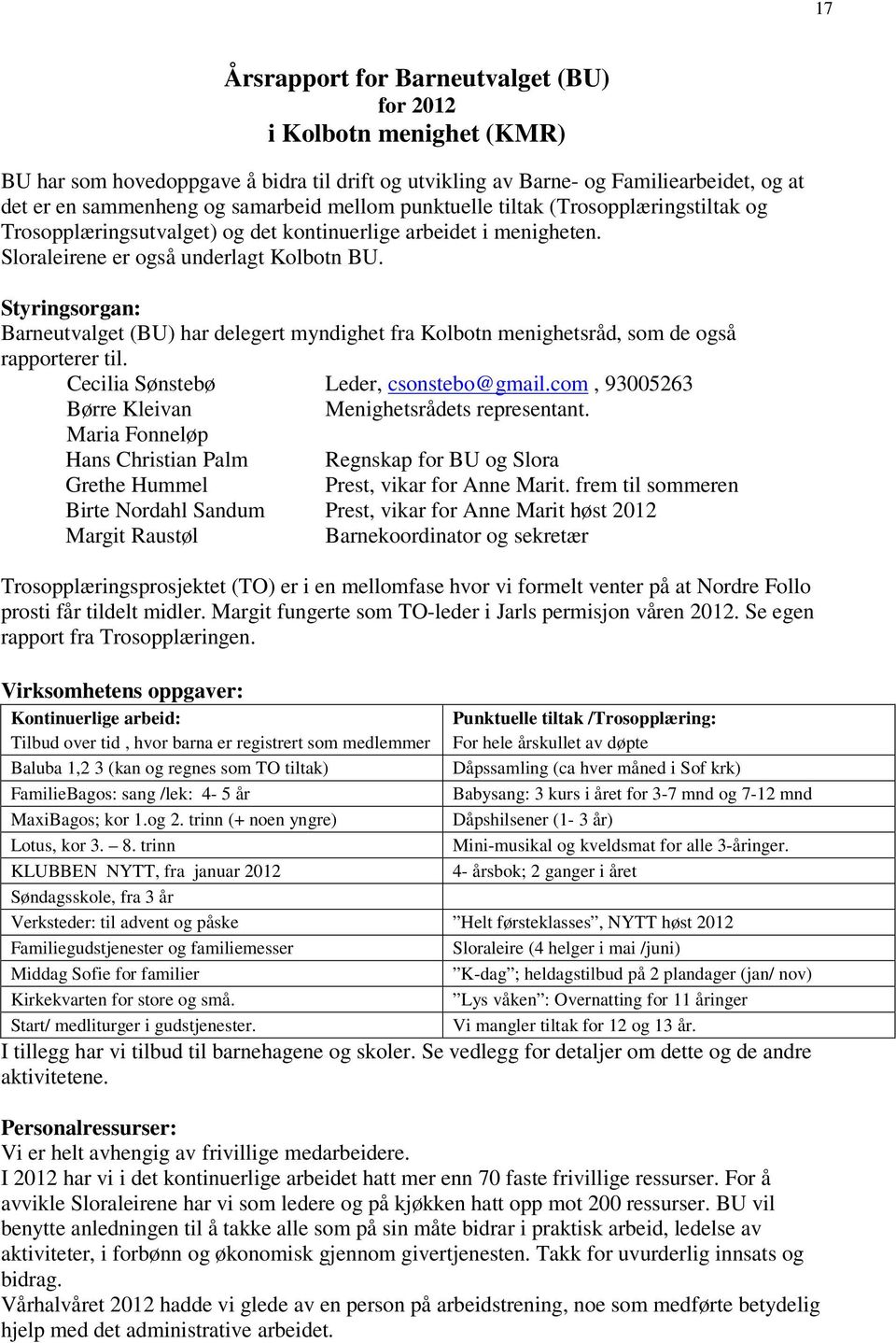 Styringsorgan: Barneutvalget (BU) har delegert myndighet fra Kolbotn menighetsråd, som de også rapporterer til. Cecilia Sønstebø Leder, csonstebo@gmail.