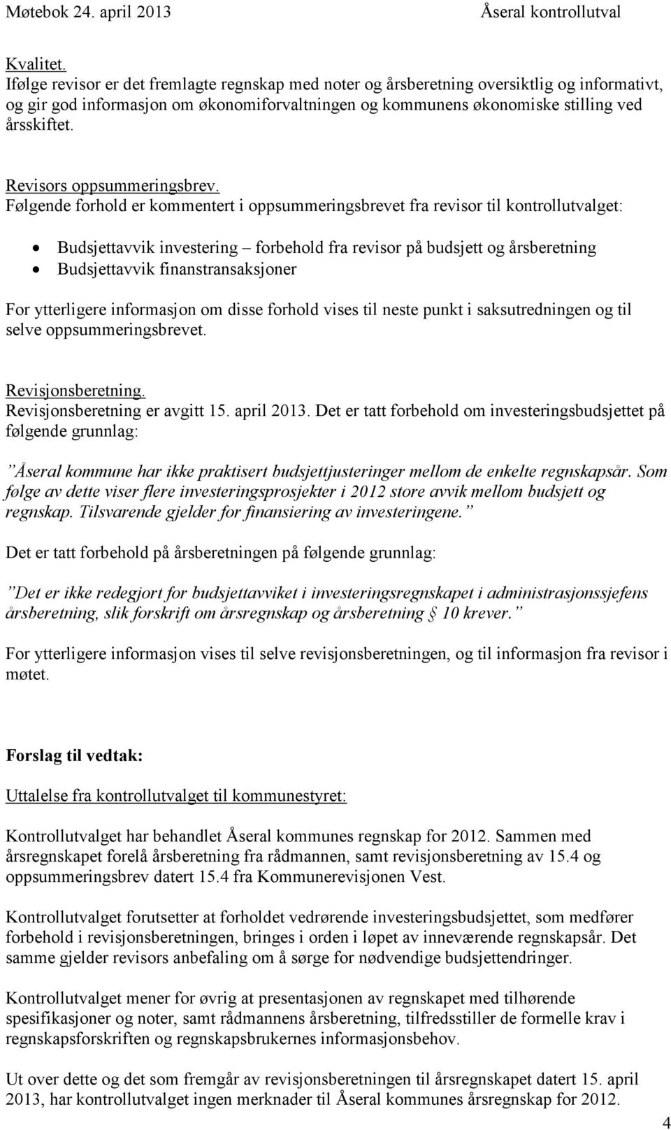 Revisors oppsummeringsbrev.