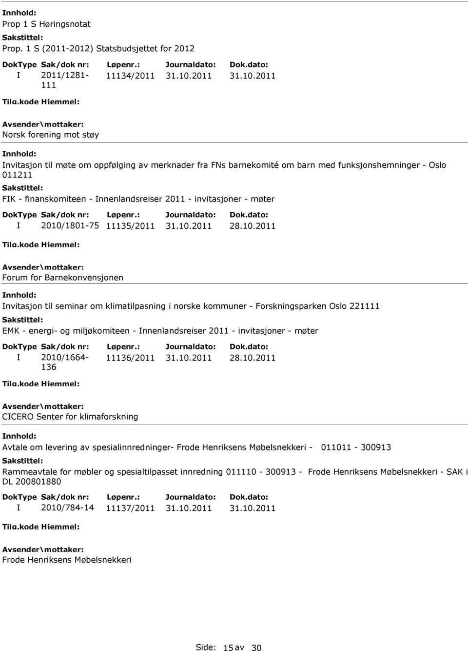 energi- og miljøkomiteen - nnenlandsreiser 2011 - invitasjoner - møter 2010/1664-136 11136/2011 CCERO Senter for klimaforskning nnhold: Avtale om levering av spesialinnredninger- Frode Henriksens