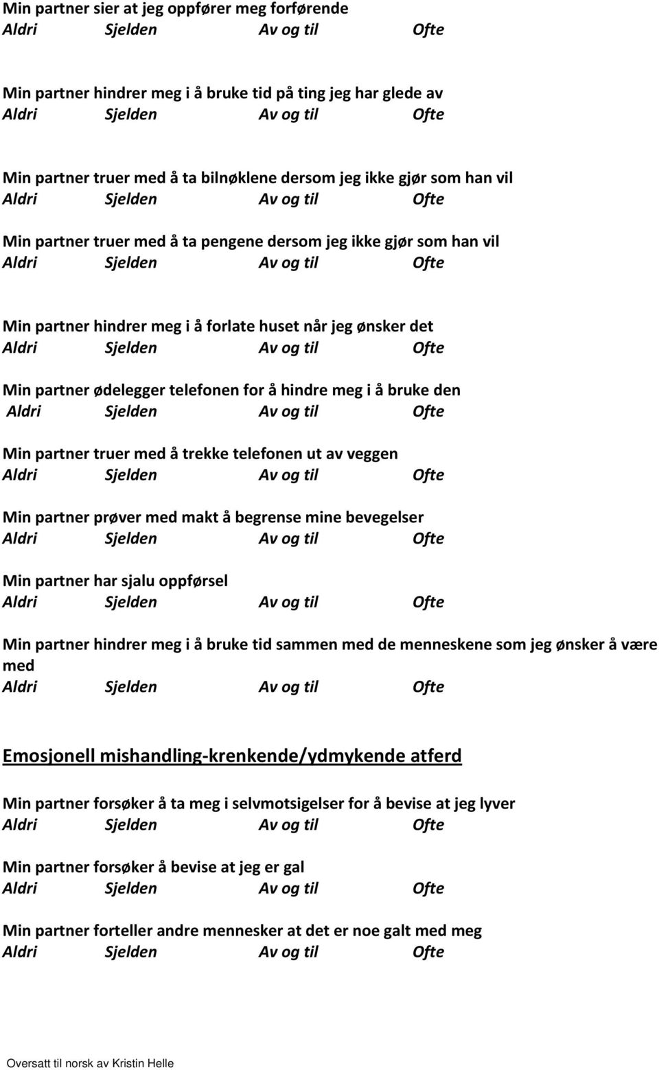 trekke telefonen ut av veggen Min partner prøver med makt å begrense mine bevegelser Min partner har sjalu oppførsel Min partner hindrer meg i å bruke tid sammen med de menneskene som jeg ønsker å