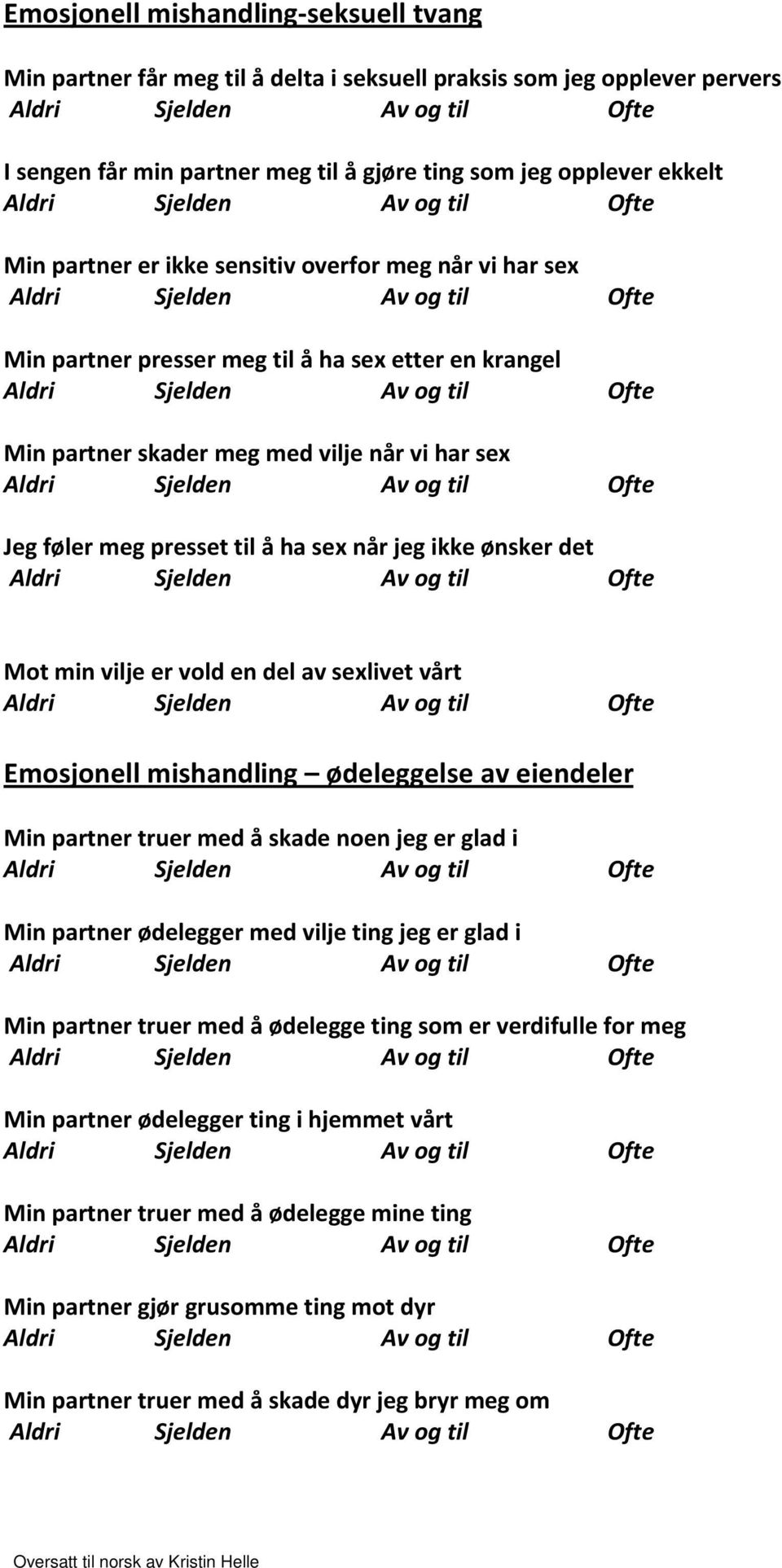 det Mot min vilje er vold en del av sexlivet vårt Emosjonell mishandling ødeleggelse av eiendeler Min partner truer med å skade noen jeg er glad i Min partner ødelegger med vilje ting jeg er glad i