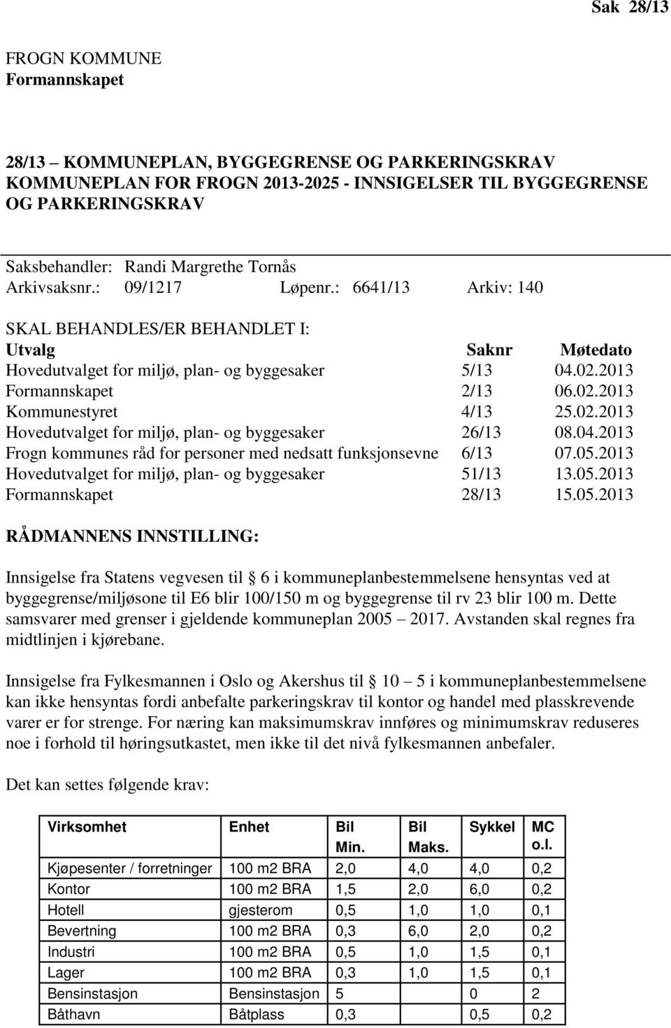 02.2013 Hovedutvalget for miljø, plan- og byggesaker 26/13 08.04.2013 Frogn kommunes råd for personer med nedsatt funksjonsevne 6/13 07.05.2013 Hovedutvalget for miljø, plan- og byggesaker 51/13 13.