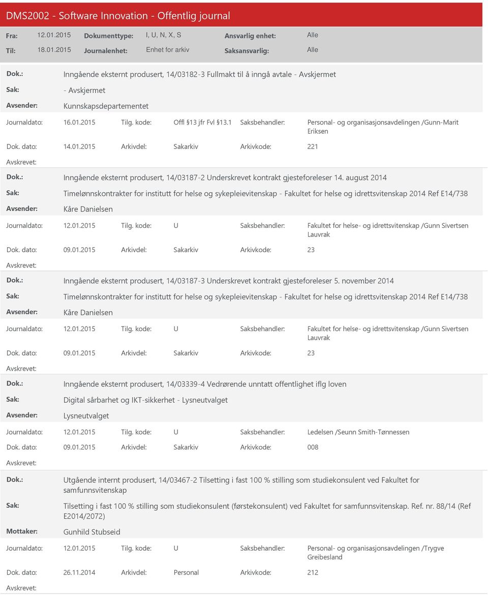 august 2014 Timelønnskontrakter for institutt for helse og sykepleievitenskap - Fakultet for helse og idrettsvitenskap 2014 Ref E14/738 Kåre Danielsen Fakultet for helse- og idrettsvitenskap /Gunn