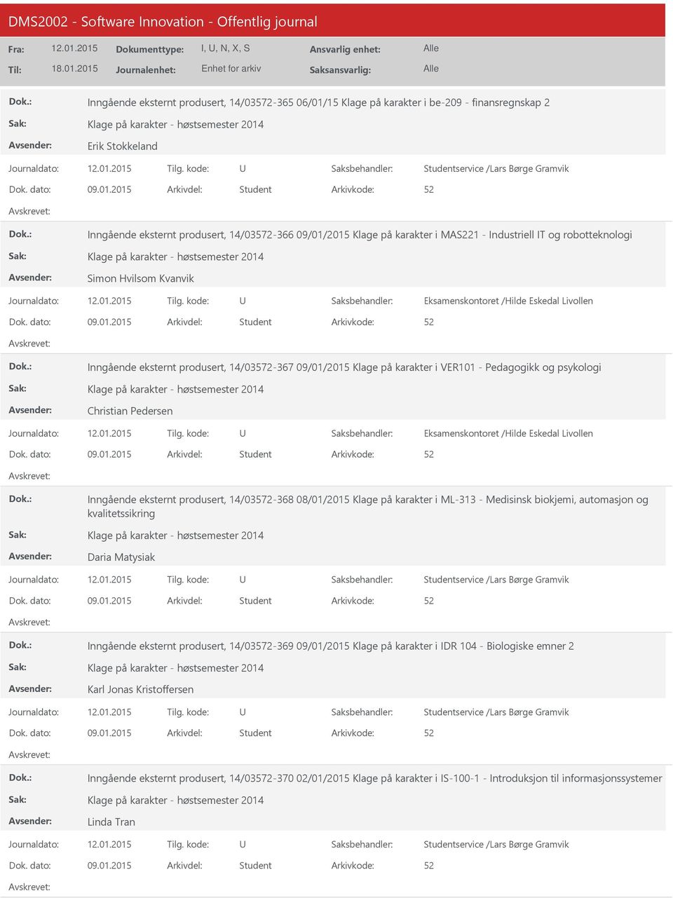 2015 Student Inngående eksternt produsert, 14/03572-366 09/01/2015 Klage på karakter i MAS221 - Industriell IT og robotteknologi Simon Hvilsom Kvanvik 09.01.2015 Student Inngående eksternt produsert, 14/03572-367 09/01/2015 Klage på karakter i VER101 - Pedagogikk og psykologi Christian Pedersen 09.