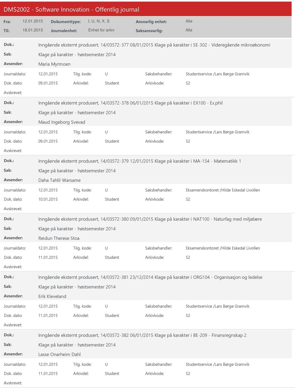 01.2015 Student Inngående eksternt produsert, 14/03572-381 23/12/2014 Klage på karakter i ORG104 - Organisasjon og ledelse Erik Kleveland 11.01.2015 Student Inngående eksternt produsert, 14/03572-382 06/01/2015 Klage på karakter i BE-209 - Finansregnskap 2 Lasse Onarheim Dahl 11.