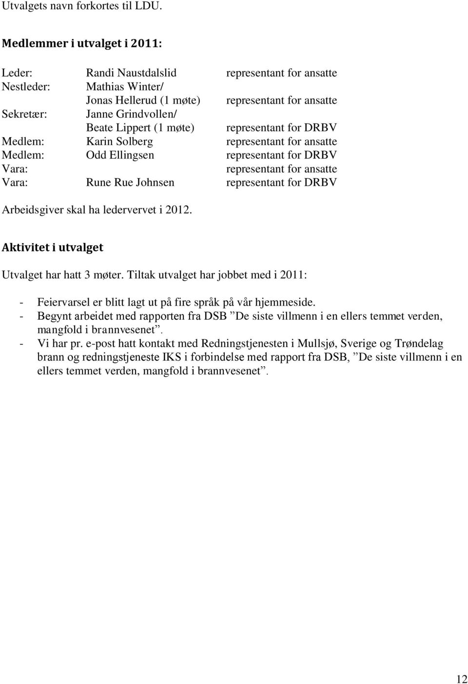 (1 møte) representant for DRBV Medlem: Karin Solberg representant for ansatte Medlem: Odd Ellingsen representant for DRBV Vara: representant for ansatte Vara: Rune Rue Johnsen representant for DRBV