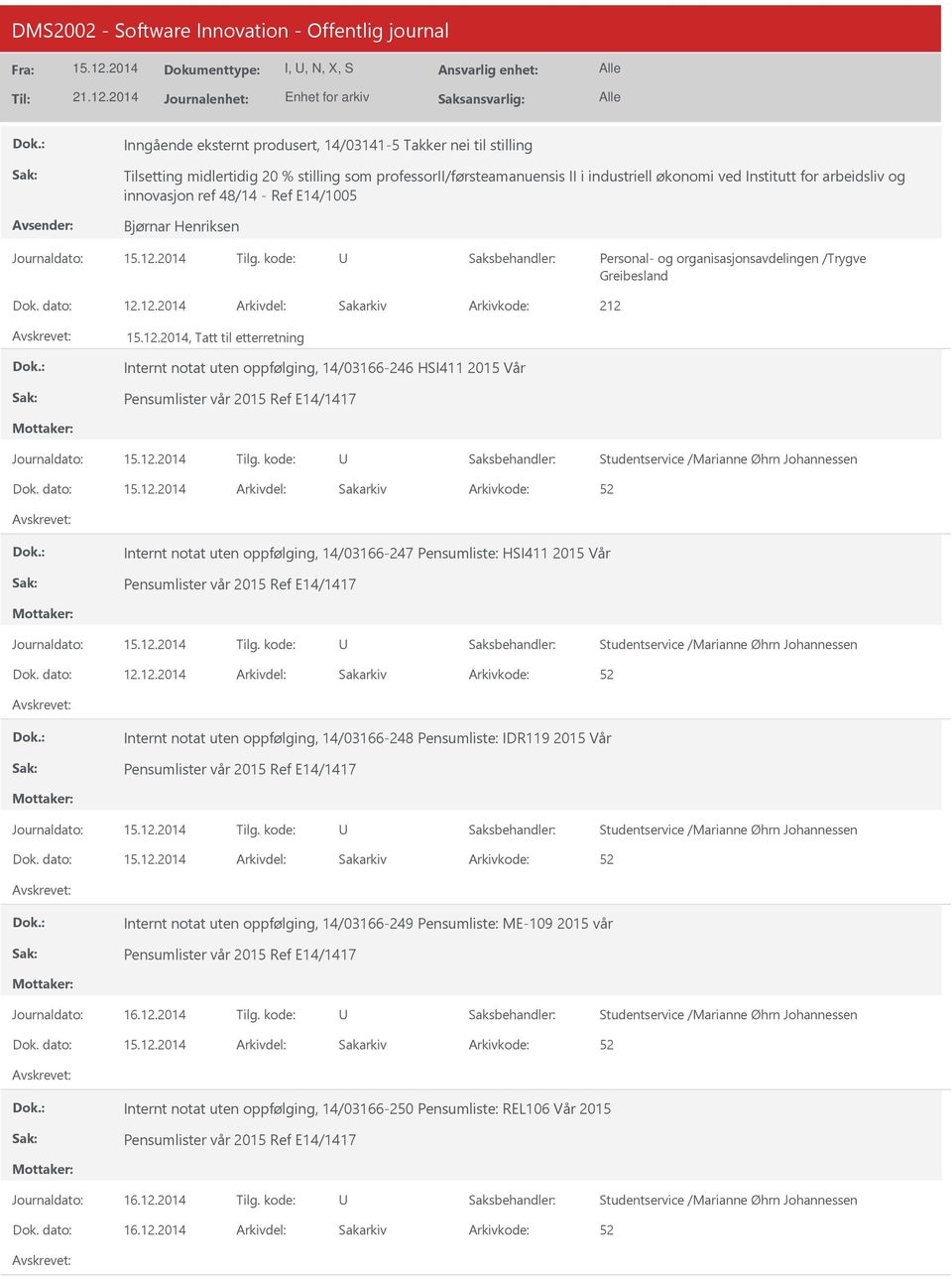 12.2014 212, Tatt til etterretning Internt notat uten oppfølging, 14/03166-246 HSI411 2015 Vår Journaldato: Tilg.