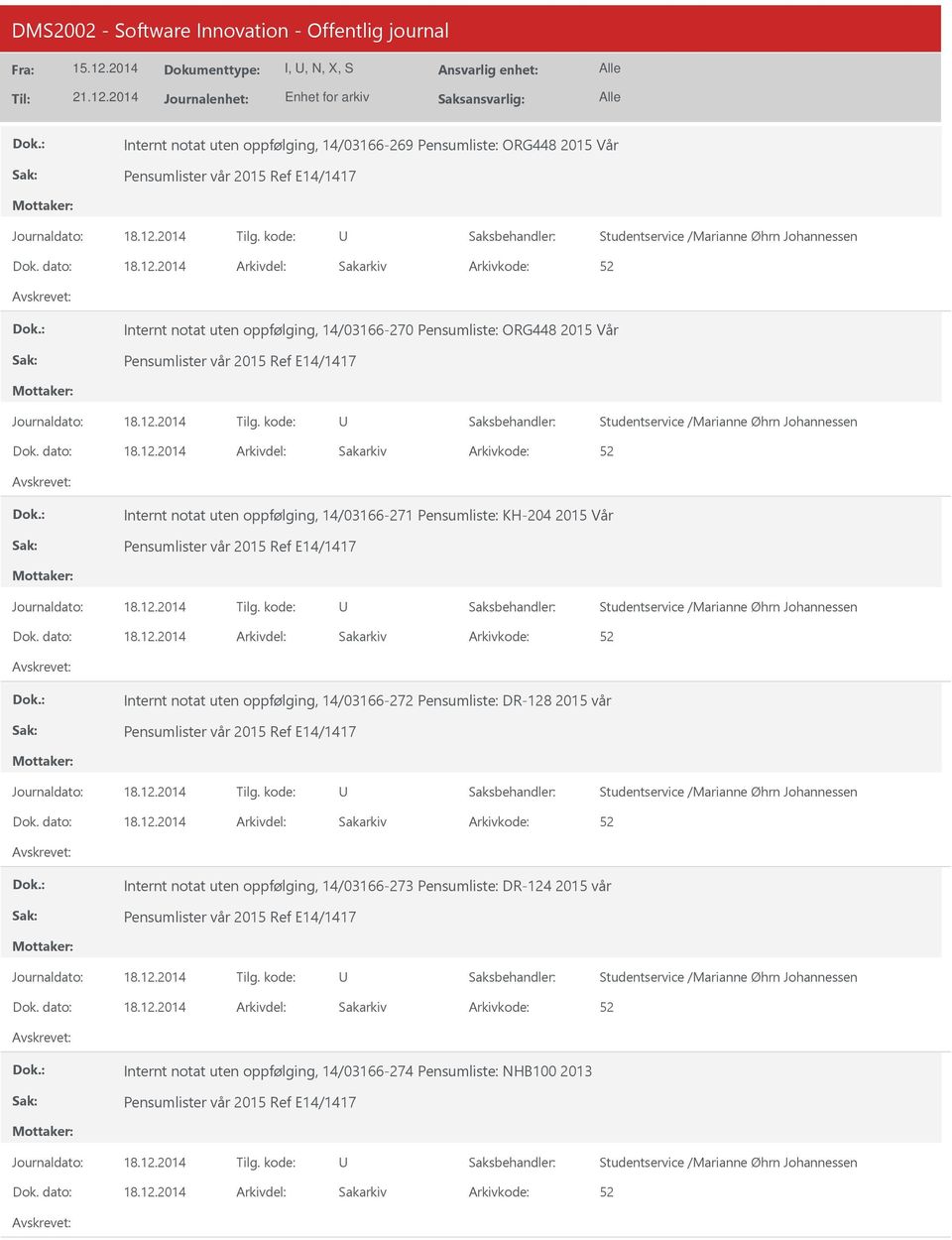 2014 Internt notat uten oppfølging, 14/03166-271 Pensumliste: KH-204 2015 Vår 18.12.