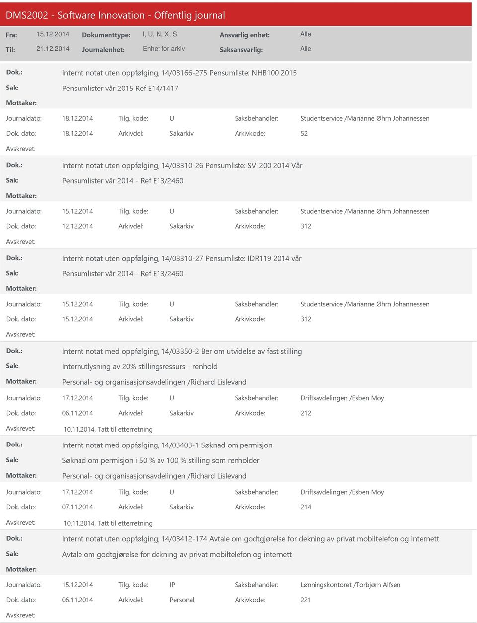 12.2014 312 Internt notat uten oppfølging, 14/03310-27 Pensumliste: IDR119 2014 vår Pensumlister vår 2014 - Ref E13/2460 Journaldato: Tilg.