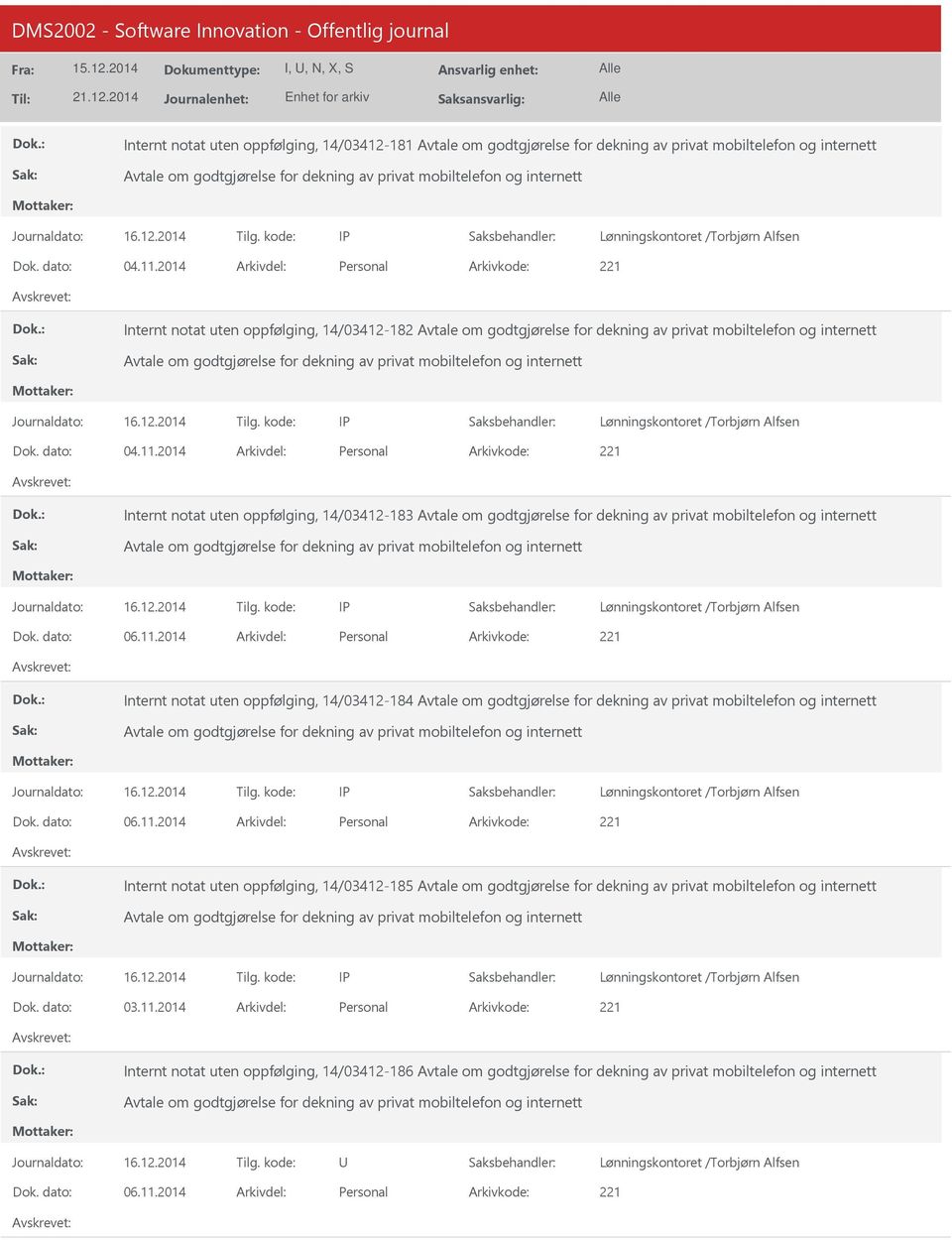 2014 Personal Internt notat uten oppfølging, 14/03412-183 06.11.