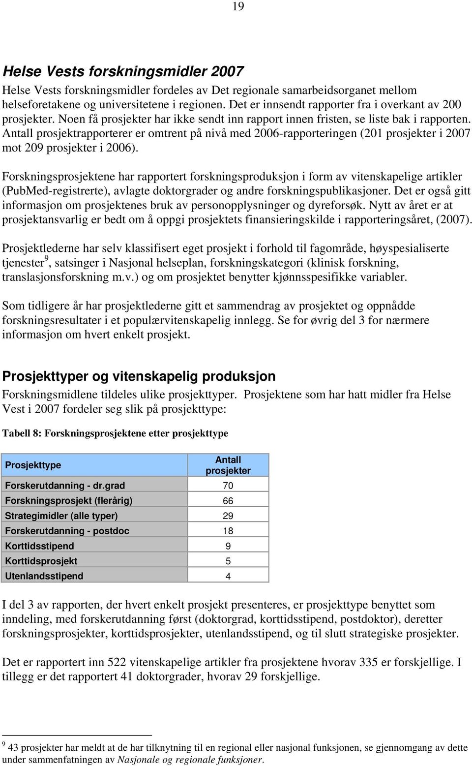 Antall prosjektrapporterer er omtrent på nivå med 2006-rapporteringen (201 prosjekter i 2007 mot 209 prosjekter i 2006).