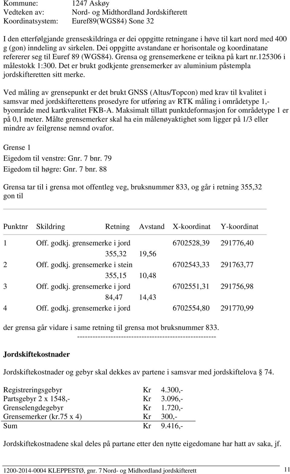 Det er brukt godkjente grensemerker av aluminium påstempla jordskifteretten sitt merke.