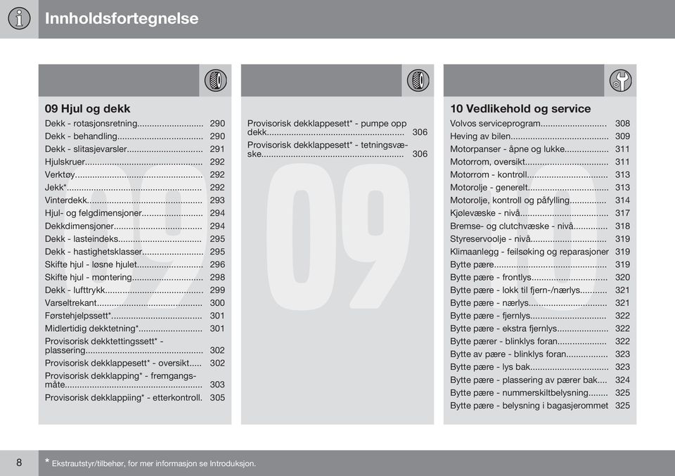 .. 299 Varseltrekant... 300 Førstehjelpssett*... 301 Midlertidig dekktetning*... 301 Provisorisk dekktettingssett* - plassering... 302 Provisorisk dekklappesett* - oversikt.