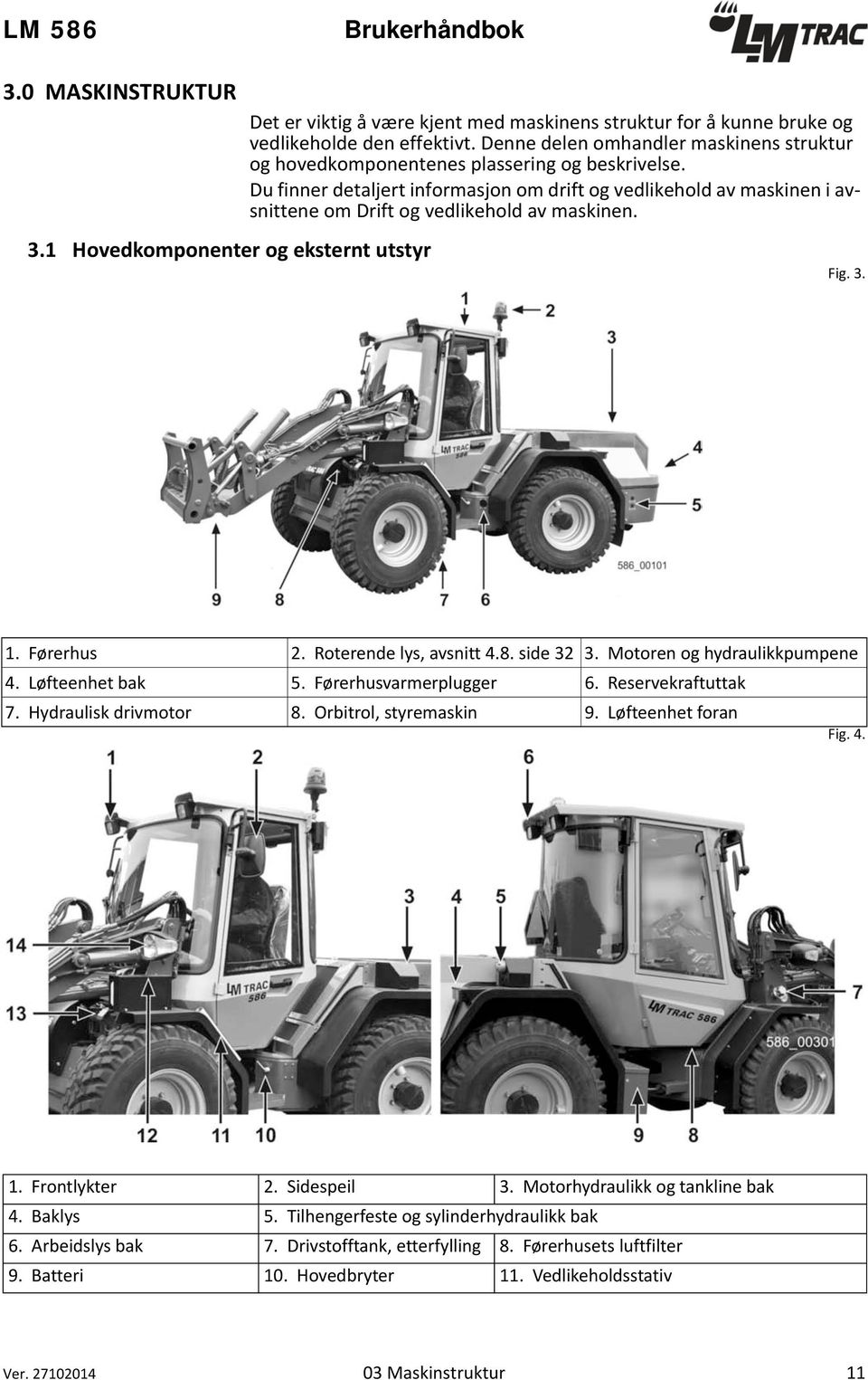 Du finner detaljert informasjon om drift og vedlikehold av maskinen i avsnittene om Drift og vedlikehold av maskinen. Fig. 3. 1. Førerhus 2. Roterende lys, avsnitt 4.8. side 32 3.