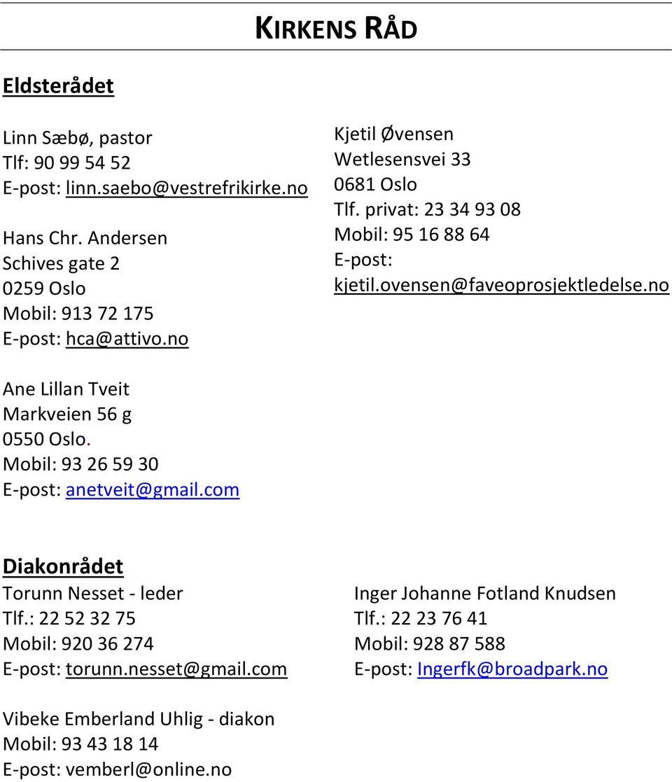 privat: 23 34 93 08 Mobil: 95 16 88 64 E-post: kjetil.ovensen@faveoprosjektledelse.no Ane Lillan Tveit Markveien 56 g 0550 Oslo.