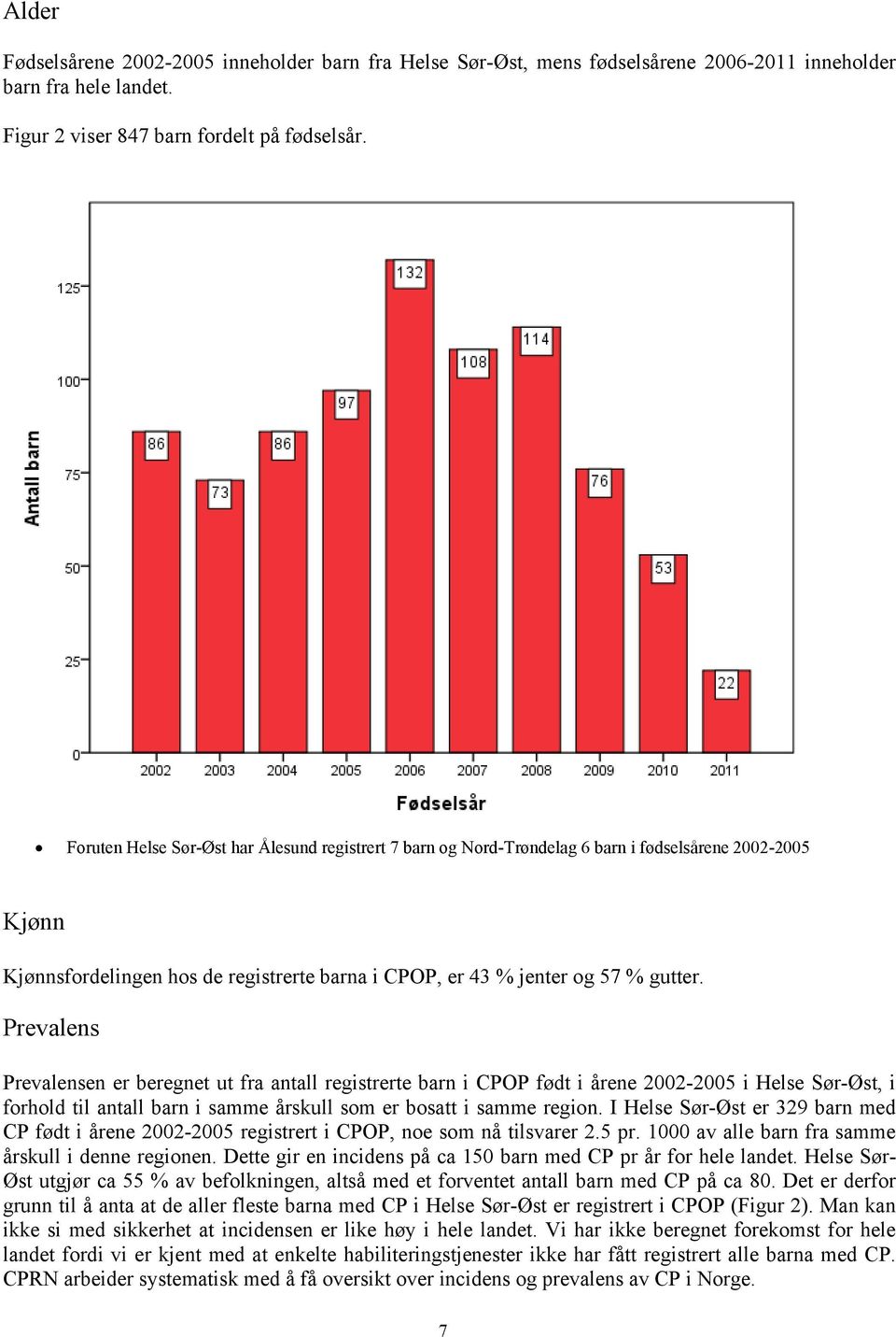 Prevalens Prevalensen er beregnet ut fra antall registrerte barn i CPOP født i årene 2002-2005 i Helse Sør-Øst, i forhold til antall barn i samme årskull som er bosatt i samme region.