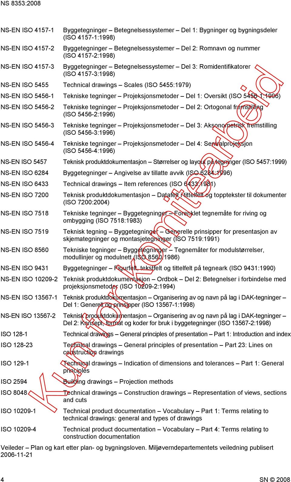 Projeksjonsmetoder Del 1: Oversikt (ISO 5456-1:1996) NS-EN ISO 5456-2 Tekniske tegninger Projeksjonsmetoder Del 2: Ortogonal fremstilling (ISO 5456-2:1996) NS-EN ISO 5456-3 Tekniske tegninger