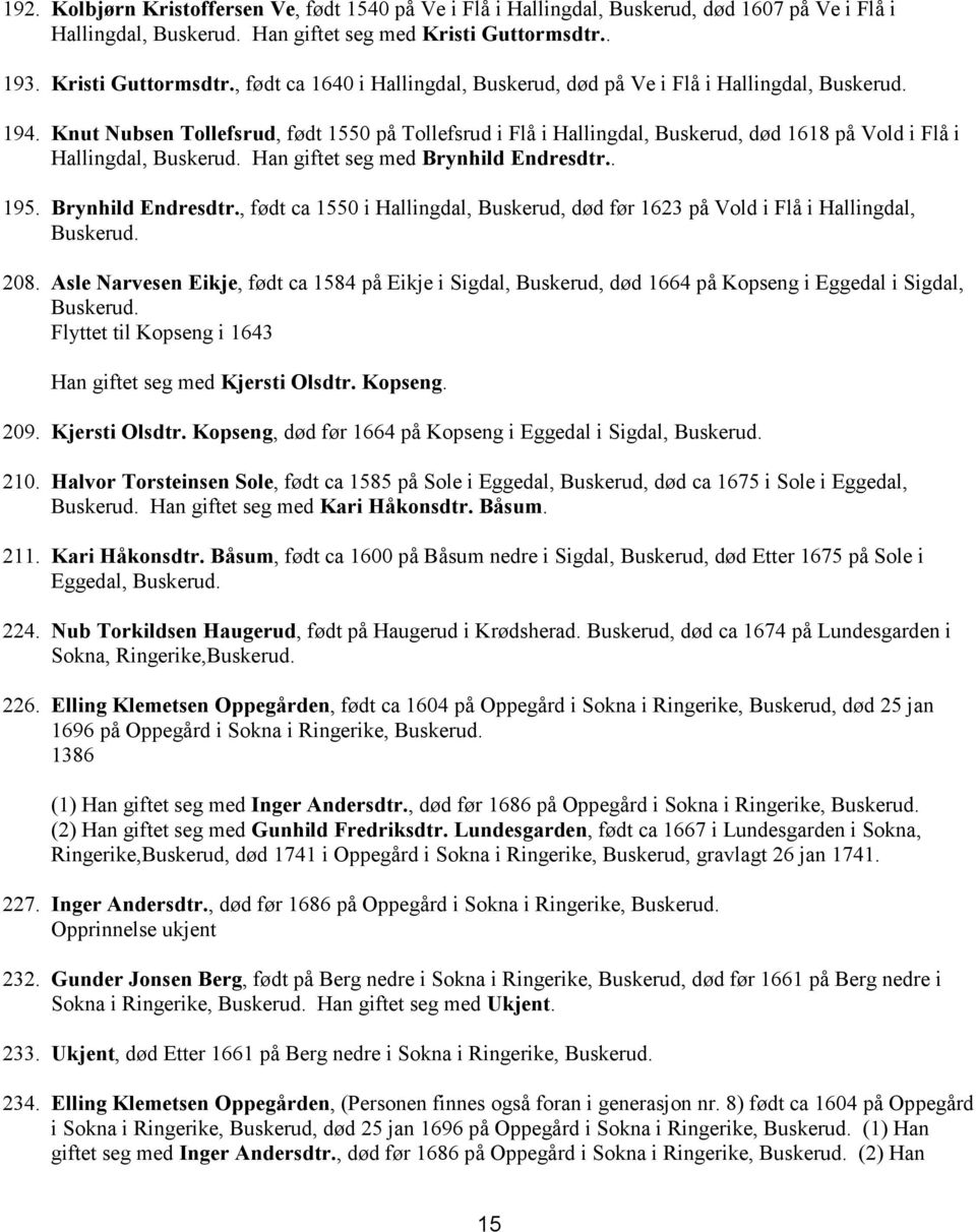 . 195. Brynhild Endresdtr., født ca 1550 i Hallingdal, Buskerud, død før 1623 på Vold i Flå i Hallingdal, 208.