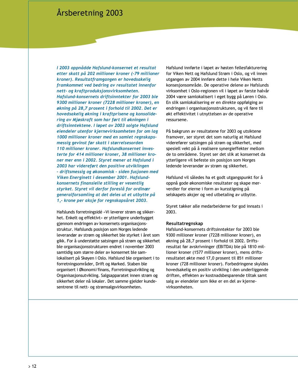 Hafslund-konsernets driftsinntekter for 2003 ble 9300 millioner kroner (7228 millioner kroner), en økning på 28,7 prosent i forhold til 2002.