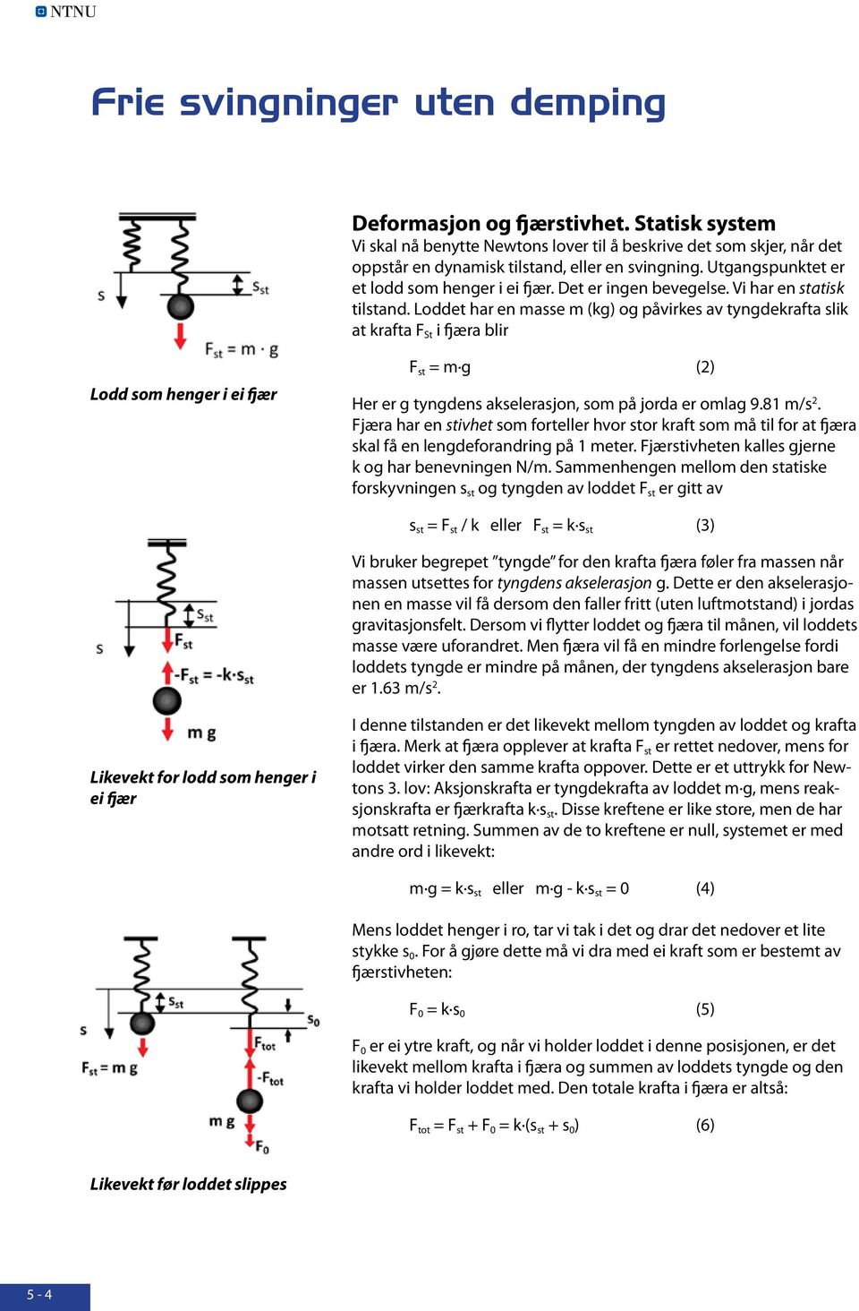 Loddet har en asse (kg) og påvirkes av tyngdekrafta slik at krafta F St i fjæra blir Lodd so henger i ei fjær F st = g (2) Her er g tyngdens akselerasjon, so på jorda er olag 9.81 /s 2.
