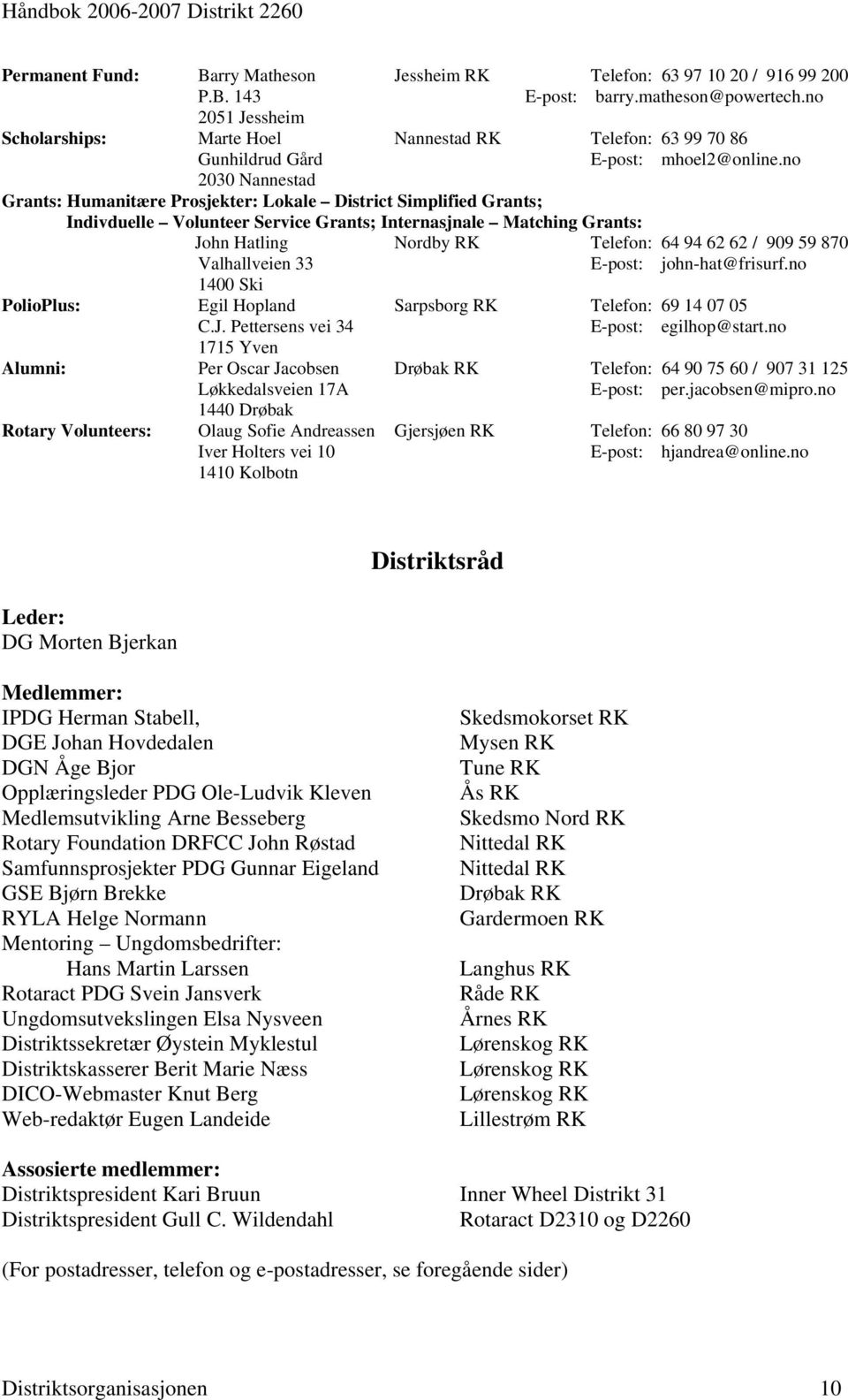 no 2030 Nannestad Grants: Humanitære Prosjekter: Lokale District Simplified Grants; Indivduelle Volunteer Service Grants; Internasjnale Matching Grants: John Hatling Nordby RK Telefon: 64 94 62 62 /