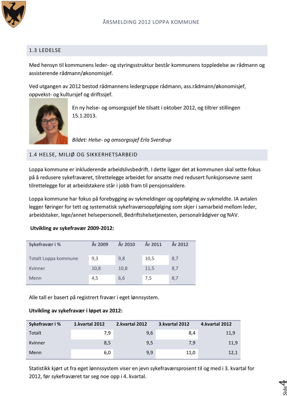 En ny helse- og omsorgssjef ble tilsatt i oktober 2012, og tiltrer stillingen 15.1.2013. Bildet: Helse- og omsorgssjef Erla Sverdrup 1.