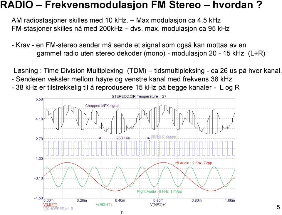 modulasjon ca 95 khz - Krav - en FM-stereo sender må sende et signal som også kan mottas av en gammel radio uten stereo dekoder (mono) -