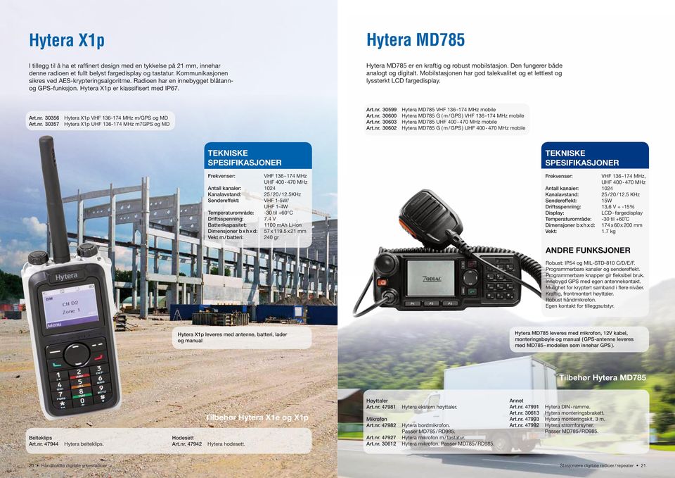Mobilstasjonen har god talekvalitet og et lettlest og lyssterkt LCD fargedisplay. Art.nr. 30356 Hytera X1p VHF 136-174 MHz m/gps og MD Art.nr. 30357 Hytera X1p UHF 136-174 MHz m7gps og MD Art.nr. 30599 Hytera MD785 VHF 136-174 MHz mobile Art.