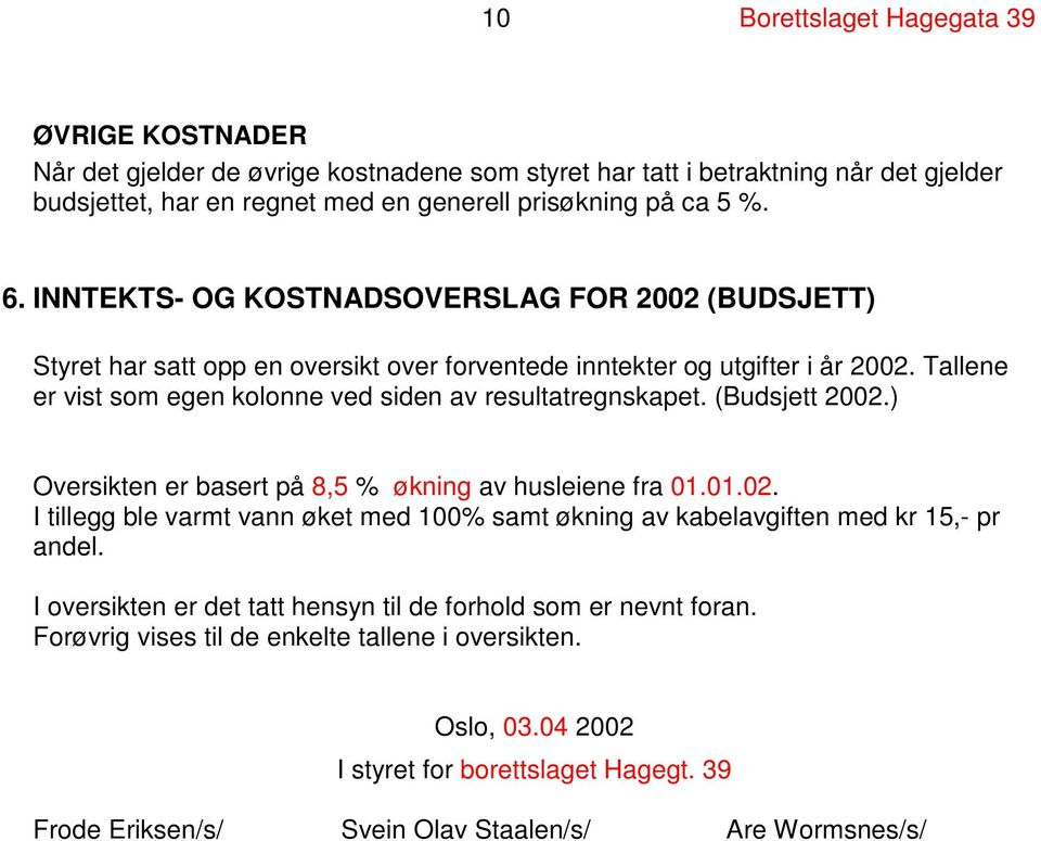 (Budsjett 2002.) Oversikten er basert på 8,5 % økning av husleiene fra 01.01.02. I tillegg ble varmt vann øket med 100% samt økning av kabelavgiften med kr 15,- pr andel.