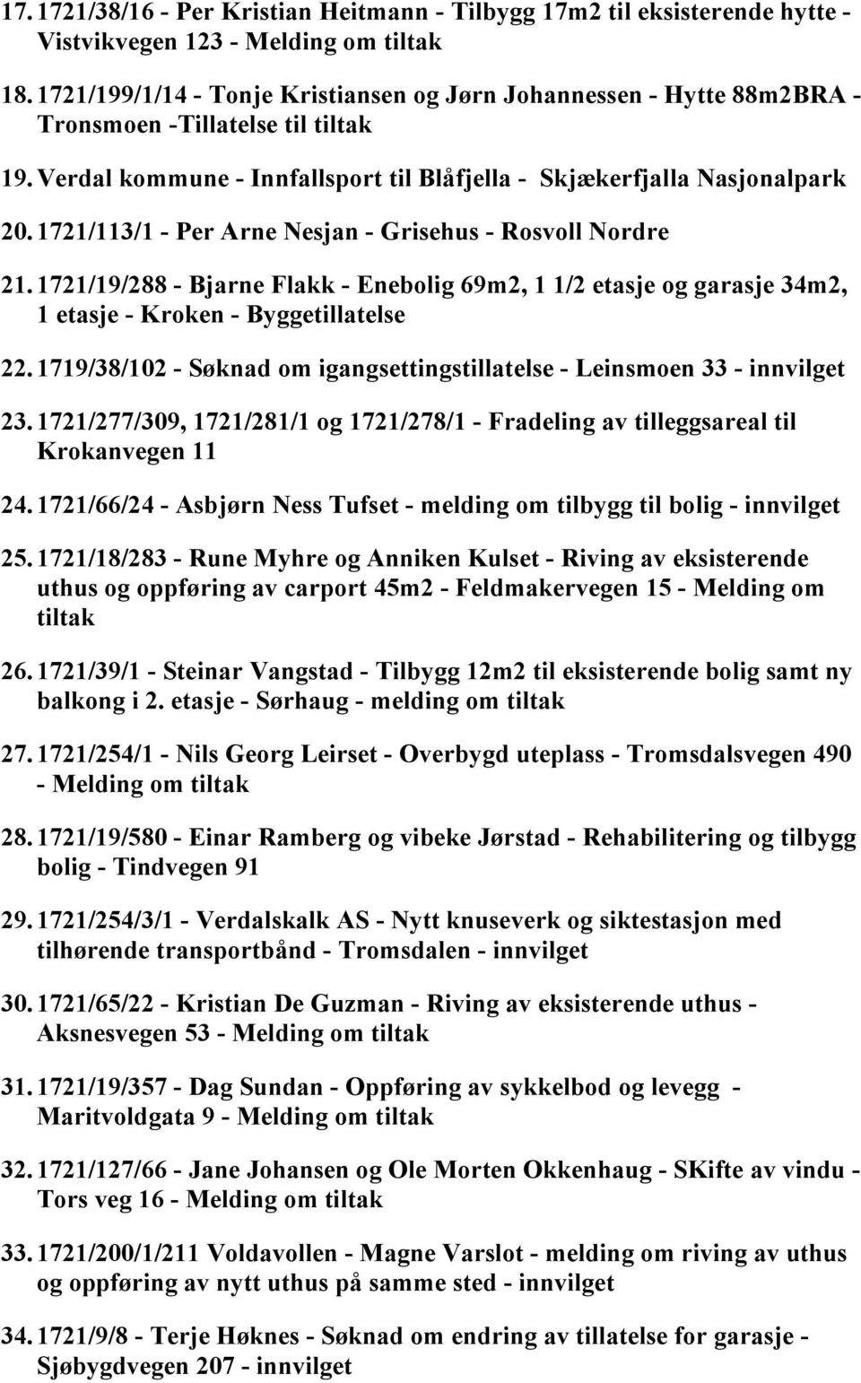 1721/113/1 - Per Arne Nesjan - Grisehus - Rosvoll Nordre 21. 1721/19/288 - Bjarne Flakk - Enebolig 69m2, 1 1/2 etasje og garasje 34m2, 1 etasje - Kroken - Byggetillatelse 22.