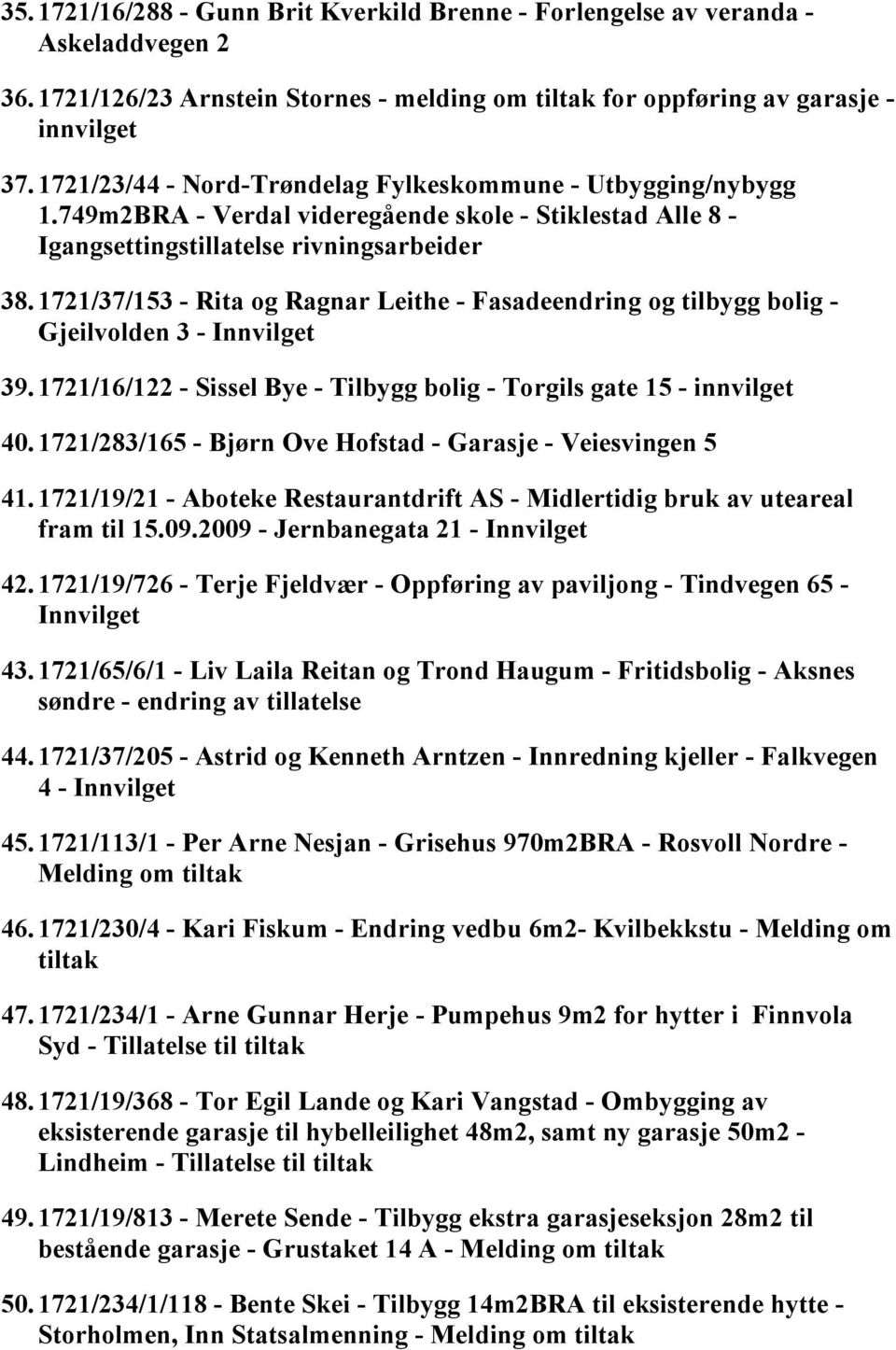 1721/37/153 - Rita og Ragnar Leithe - Fasadeendring og tilbygg bolig - Gjeilvolden 3 - Innvilget 39. 1721/16/122 - Sissel Bye - Tilbygg bolig - Torgils gate 15 - innvilget 40.