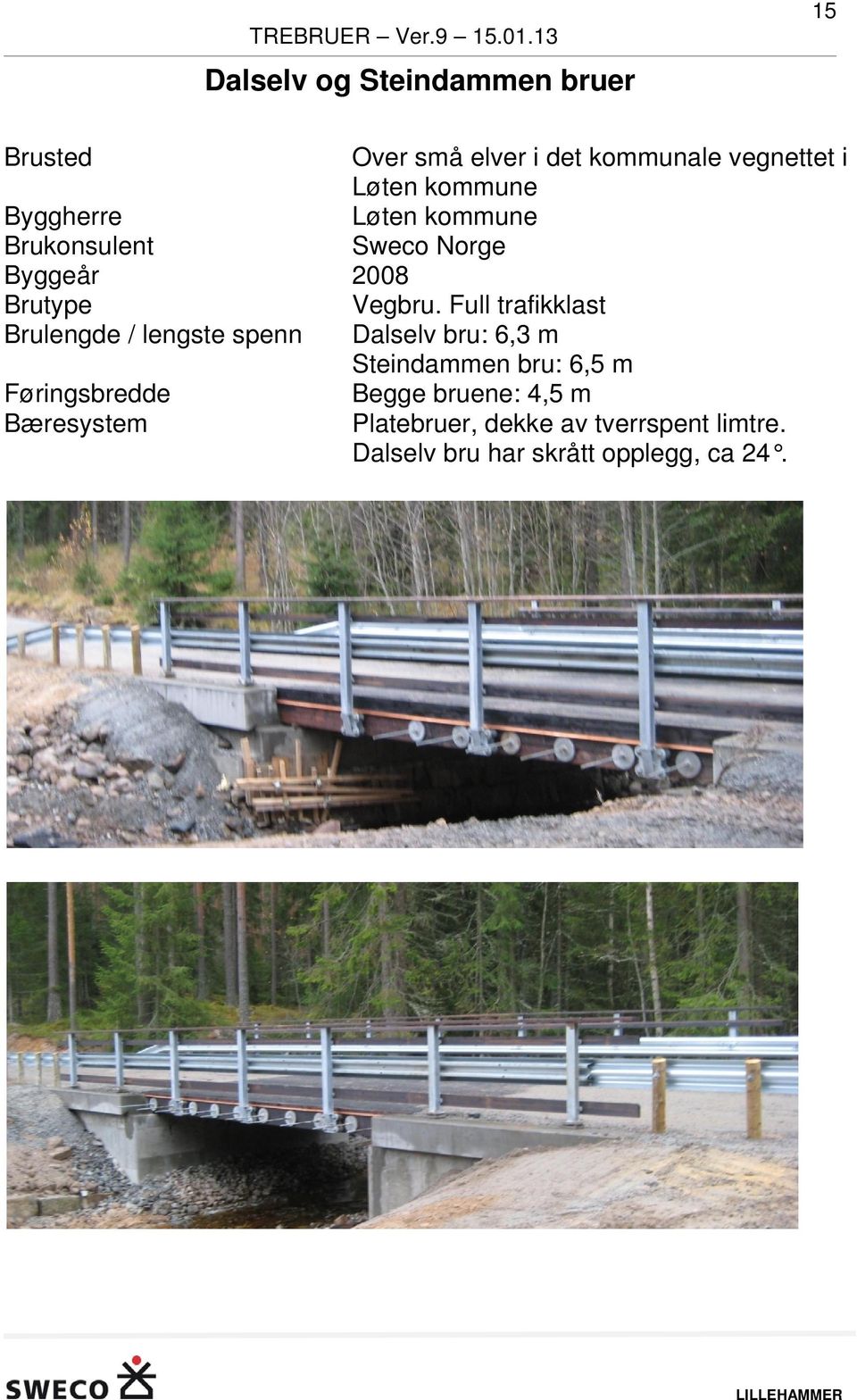 Full trafikklast Brulengde / lengste spenn Dalselv bru: 6,3 m Steindammen