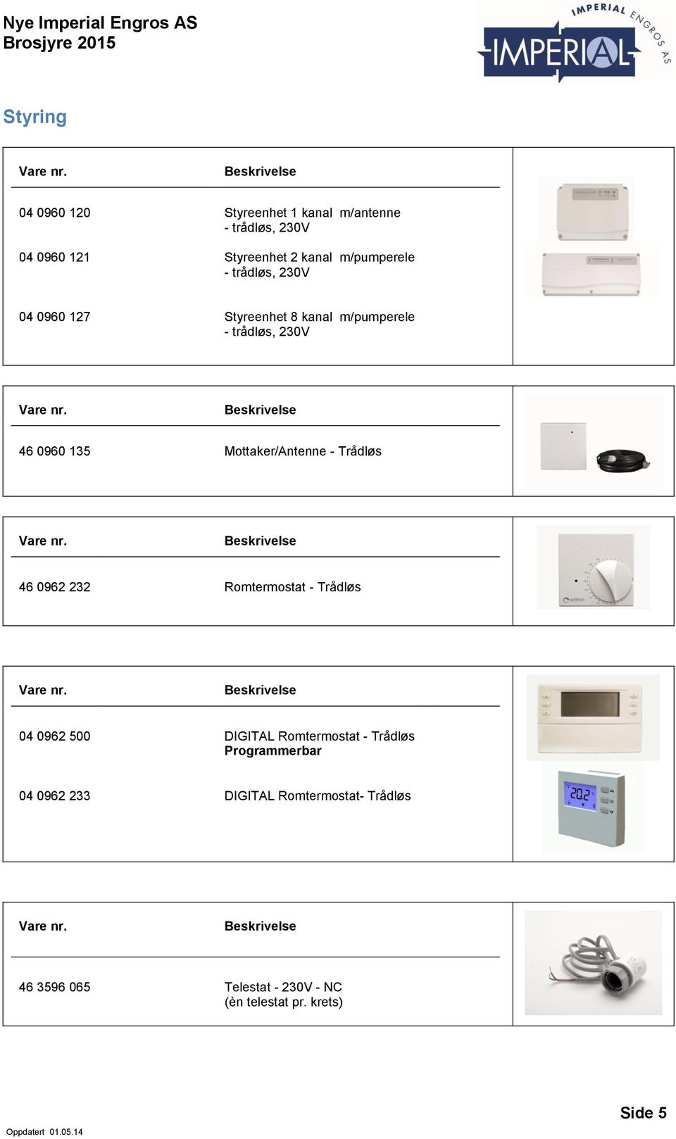 0960 127 Styreenhet 8 kanal m/pumperele - trådløs, 230V Vare nr. Beskrivelse 46 0960 135 Mottaker/Antenne - Trådløs Vare nr.