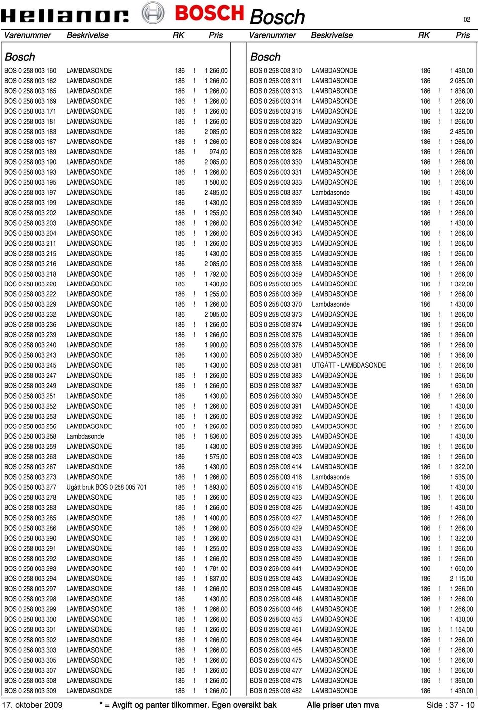 1 266,00 BOS 0 258 003 189 LAMBDASONDE 186! 974,00 BOS 0 258 003 190 LAMBDASONDE 186 2 085,00 BOS 0 258 003 193 LAMBDASONDE 186!