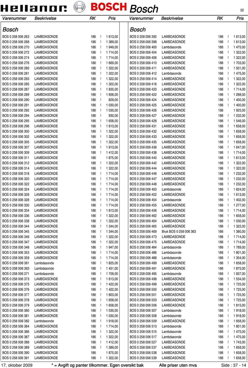 1 322,00 BOS 0 258 006 283 LAMBDASONDE 186! 1 322,00 BOS 0 258 006 285 LAMBDASONDE 186! 1 322,00 BOS 0 258 006 287 LAMBDASONDE 186! 1 835,00 BOS 0 258 006 289 LAMBDASONDE 186!