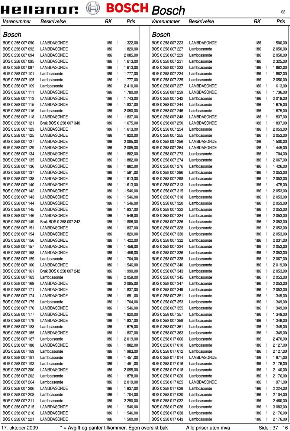 1 777,00 BOS 0 258 007 109 Lambdasonde 186 2 410,00 BOS 0 258 007 111 LAMBDASONDE 186 1 780,00 BOS 0 258 007 113 LAMBDASONDE 186! 1 743,00 BOS 0 258 007 115 LAMBDASONDE 186!