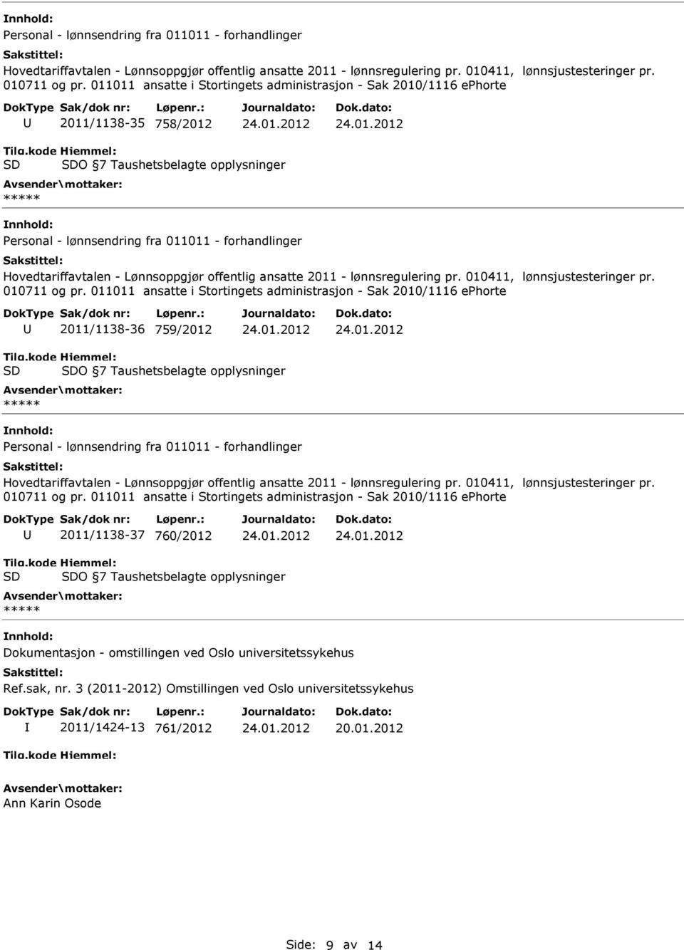 kode SD Hjemmel: SDO 7 Taushetsbelagte opplysninger *****  011011 ansatte i Stortingets administrasjon - Sak 2010/1116 ephorte 2011/1138-36 759/2012 Tilg.