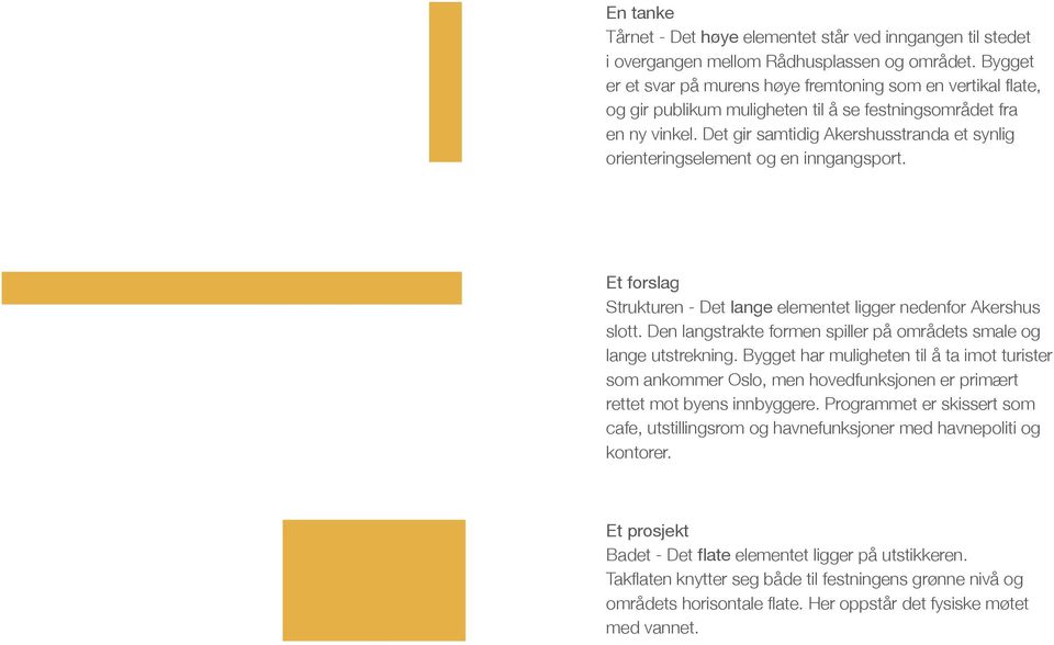 Det gir samtidig Akershusstranda et synlig orienteringselement og en inngangsport. Et forslag Strukturen - Det lange elementet ligger nedenfor Akershus slott.