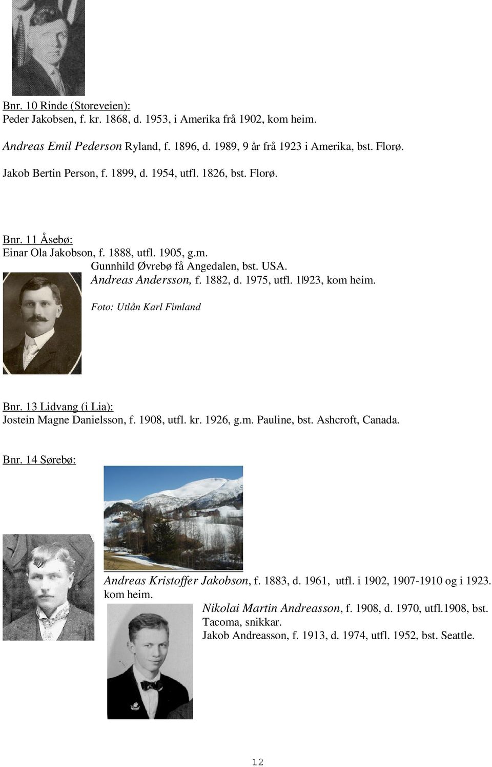 1975, utfl. 1 923, kom heim. Foto: Utlån Karl Fimland Bnr. 13 Lidvang (i Lia): Jostein Magne Danielsson, f. 1908, utfl. kr. 1926, g.m. Pauline, bst. Ashcroft, Canada. Bnr. 14 Sørebø: Andreas Kristoffer Jakobson, f.