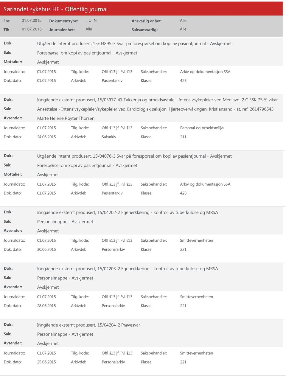 Ansettelse - Intensivsykepleier/sykepleier ved Kardiologisk seksjon, Hjerteovervåkingen, Kristiansand - st. ref. 2614796543 Marte Helene Røyter Thorsen Dok. dato: 24.06.