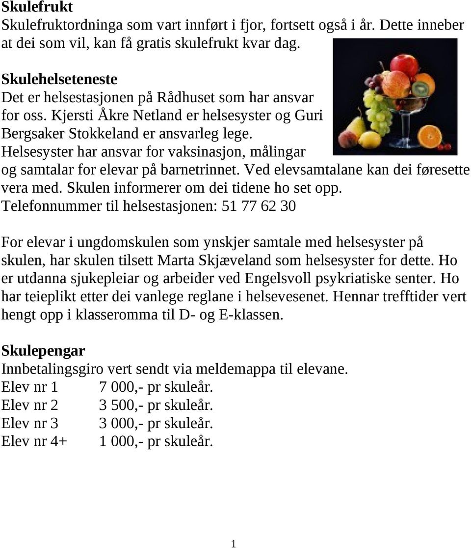 Helsesyster har ansvar for vaksinasjon, målingar og samtalar for elevar på barnetrinnet. Ved elevsamtalane kan dei føresette vera med. Skulen informerer om dei tidene ho set opp.