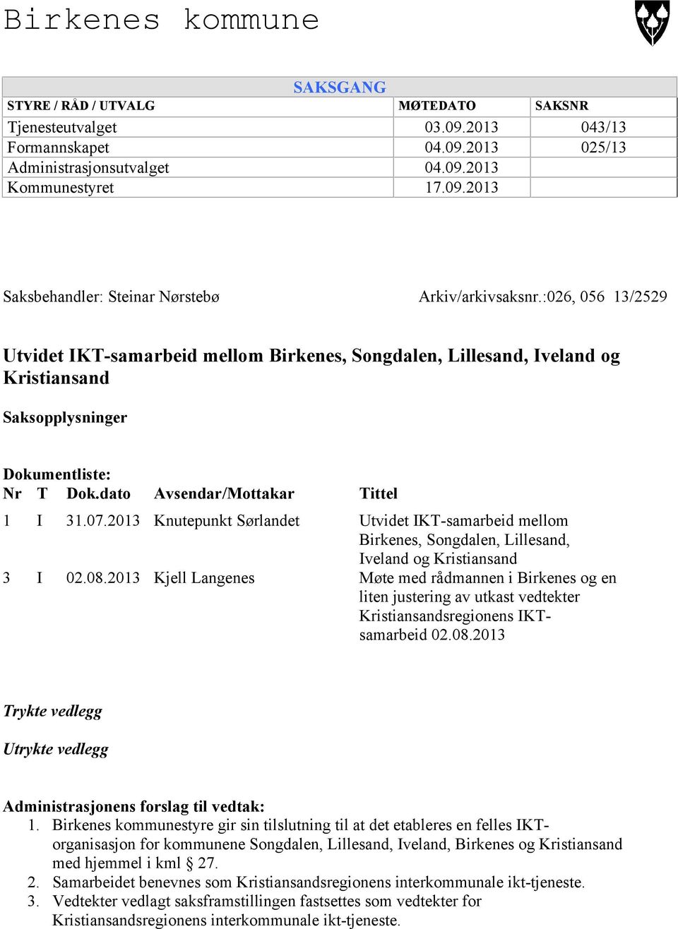 2013 Knutepunkt Sørlandet Utvidet IKT-samarbeid mellom Birkenes, Songdalen, Lillesand, Iveland og Kristiansand 3 I 02.08.