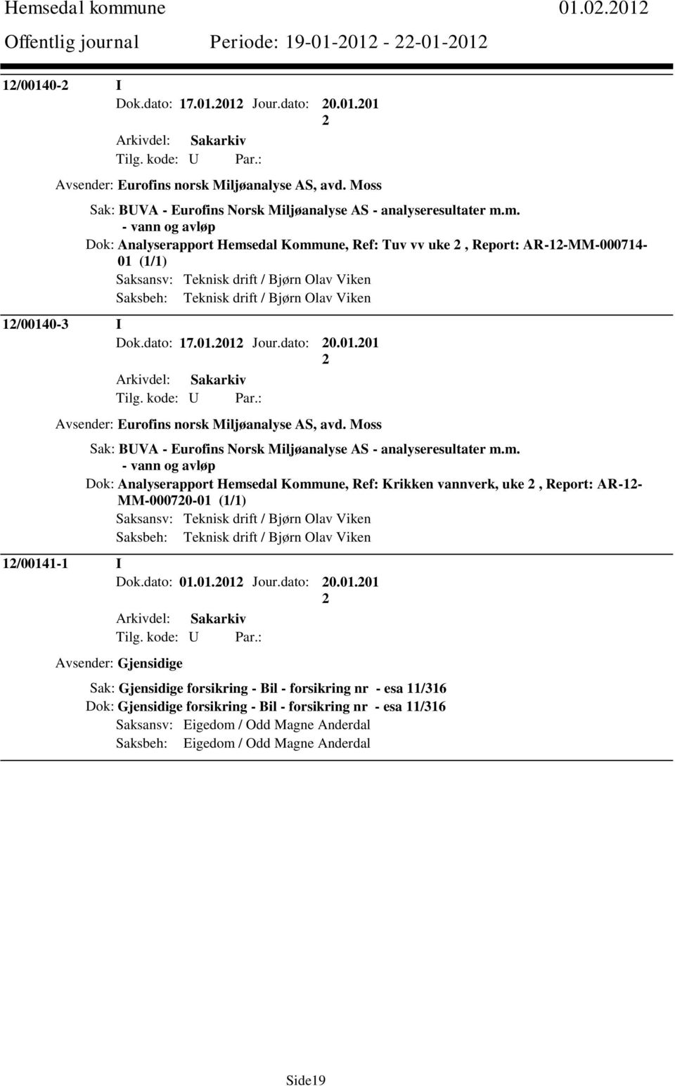 m. - vann og avløp Dok: Analyserapport Hemsedal Kommune, Ref: Tuv vv uke, Report: AR-1-MM-000714-01 (1/1) Saksansv: Teknisk drift / Bjørn Olav Viken Saksbeh: Teknisk drift / Bjørn Olav Viken