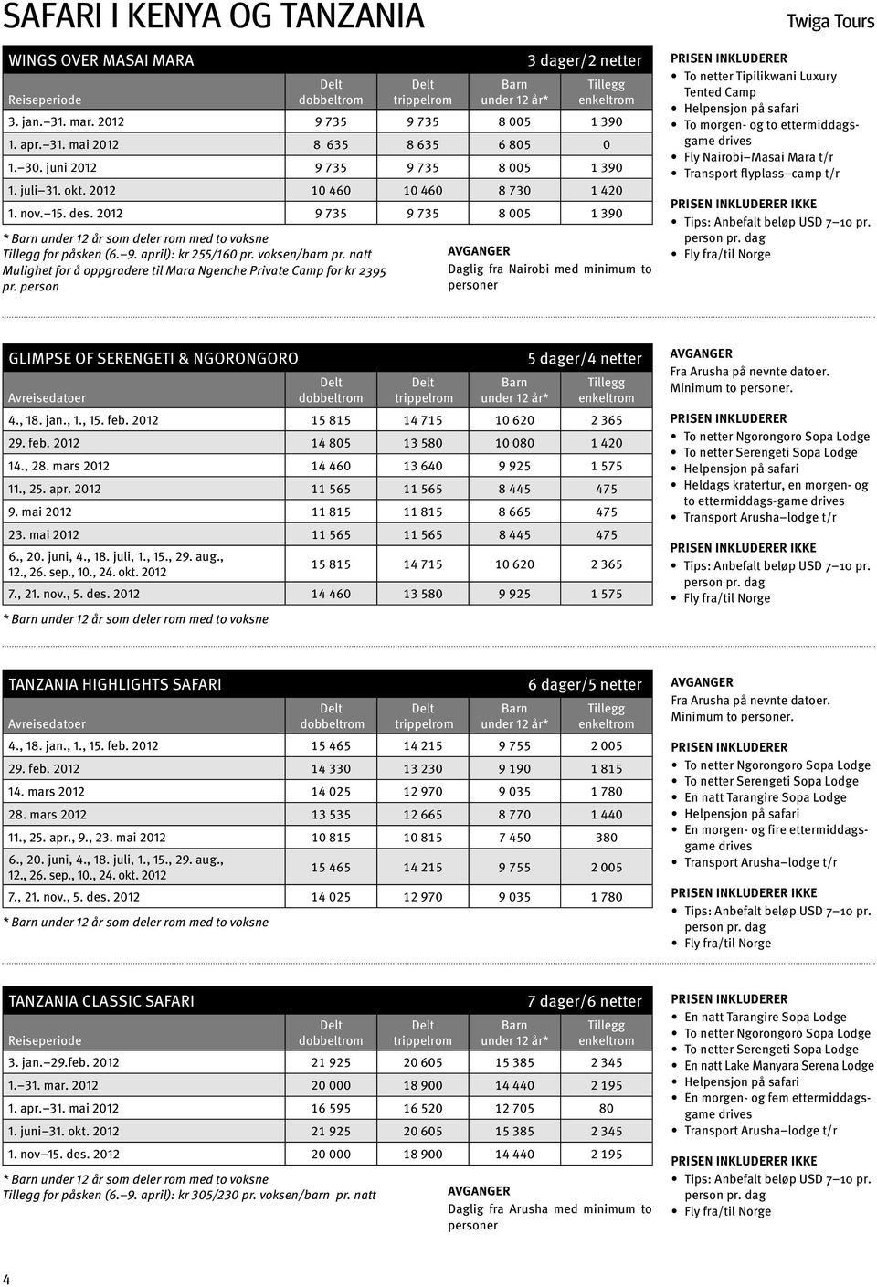 voksen/barn pr. natt Mulighet for å oppgradere til Mara Ngenche Private Camp for kr 2395 pr.