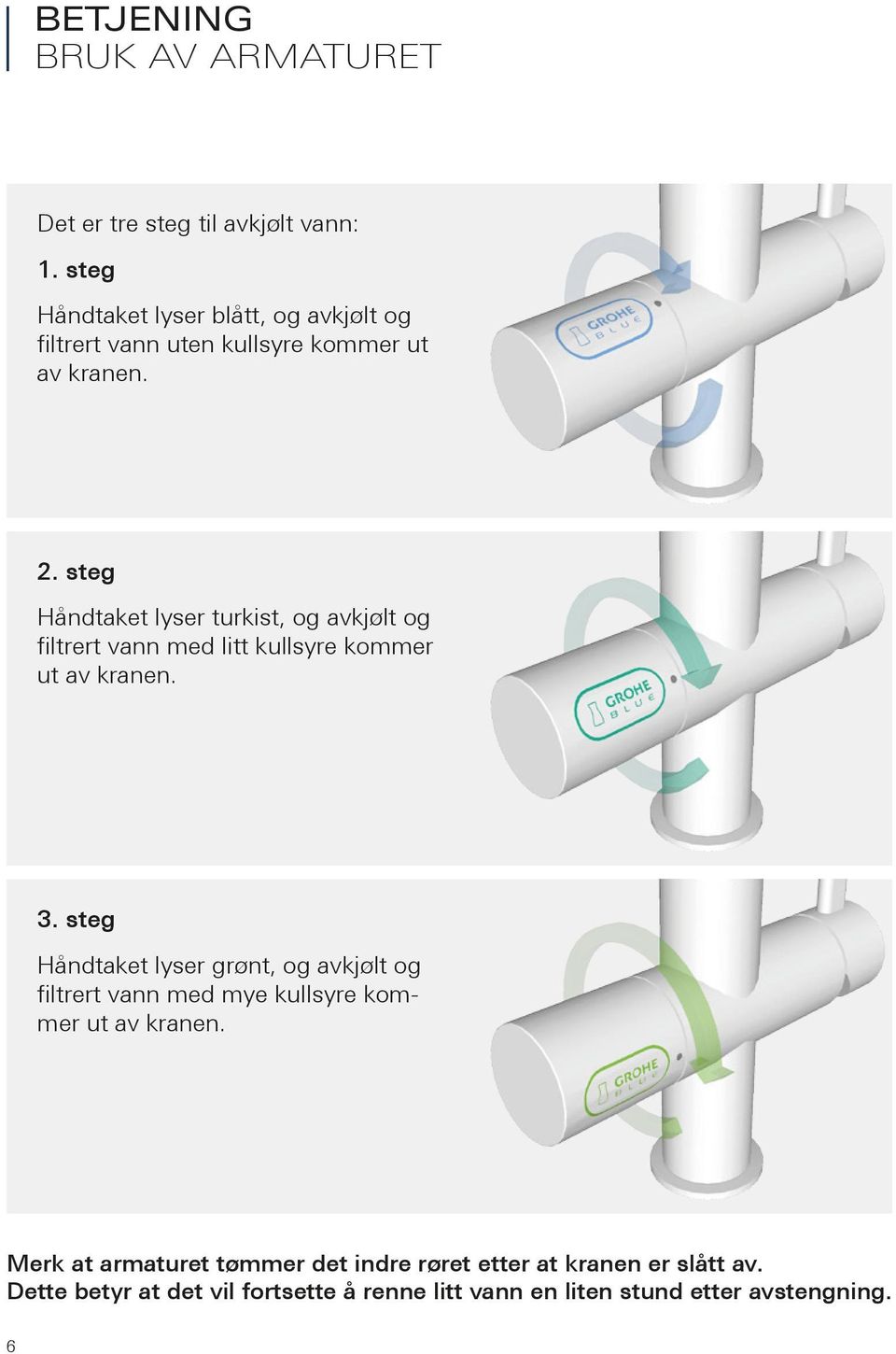 steg Håndtaket lyser turkist, og avkjølt og filtrert vann med litt kullsyre kommer ut av kranen. 3.