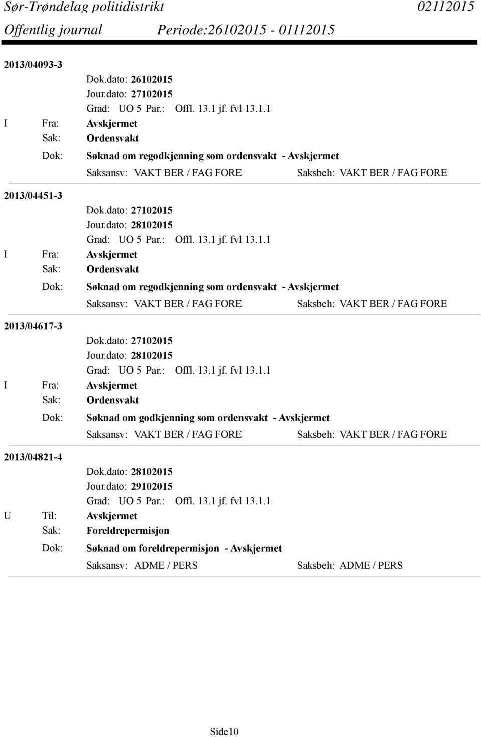 2013/04617-3 Sak: Ordensvakt Dok: Søknad om godkjenning som ordensvakt - Avskjermet