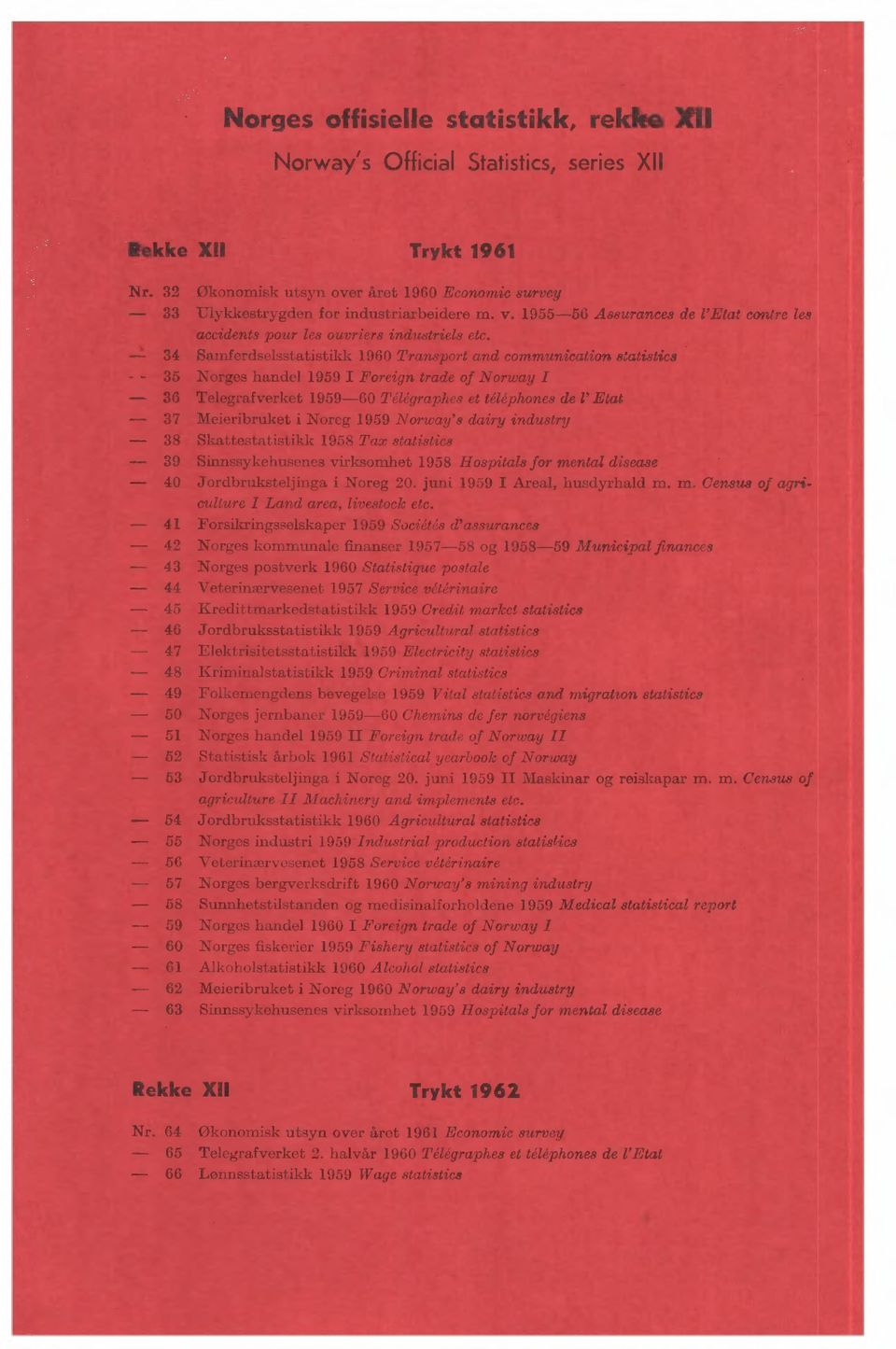 - 34 Sainferdselsstatistikk 1960 Transport and communication statistics 35 Norges handel 1959 I Foreign trade of Norway I - 36 Telegrafverket 1959-60 TgUgraphes et tagphones de l' Etat - 37